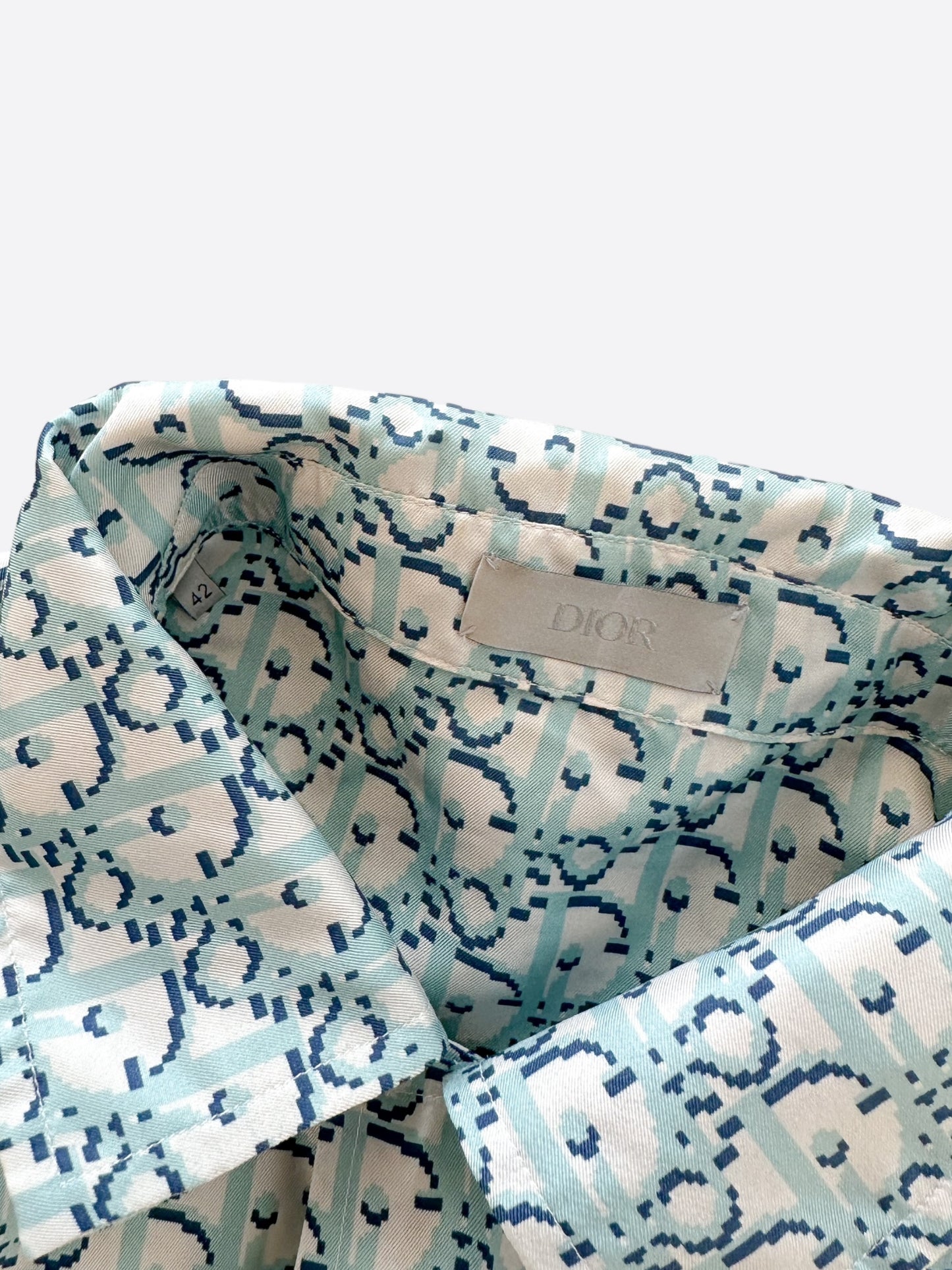 Dior Light Blue Pixel Oblique SIlk Button Up Shirt