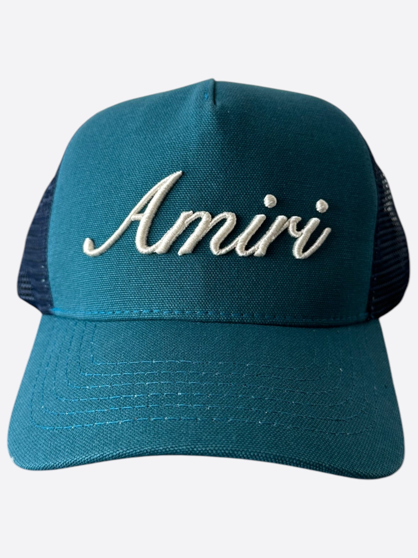 Amiri Blue & White Script Logo Trucker Hat