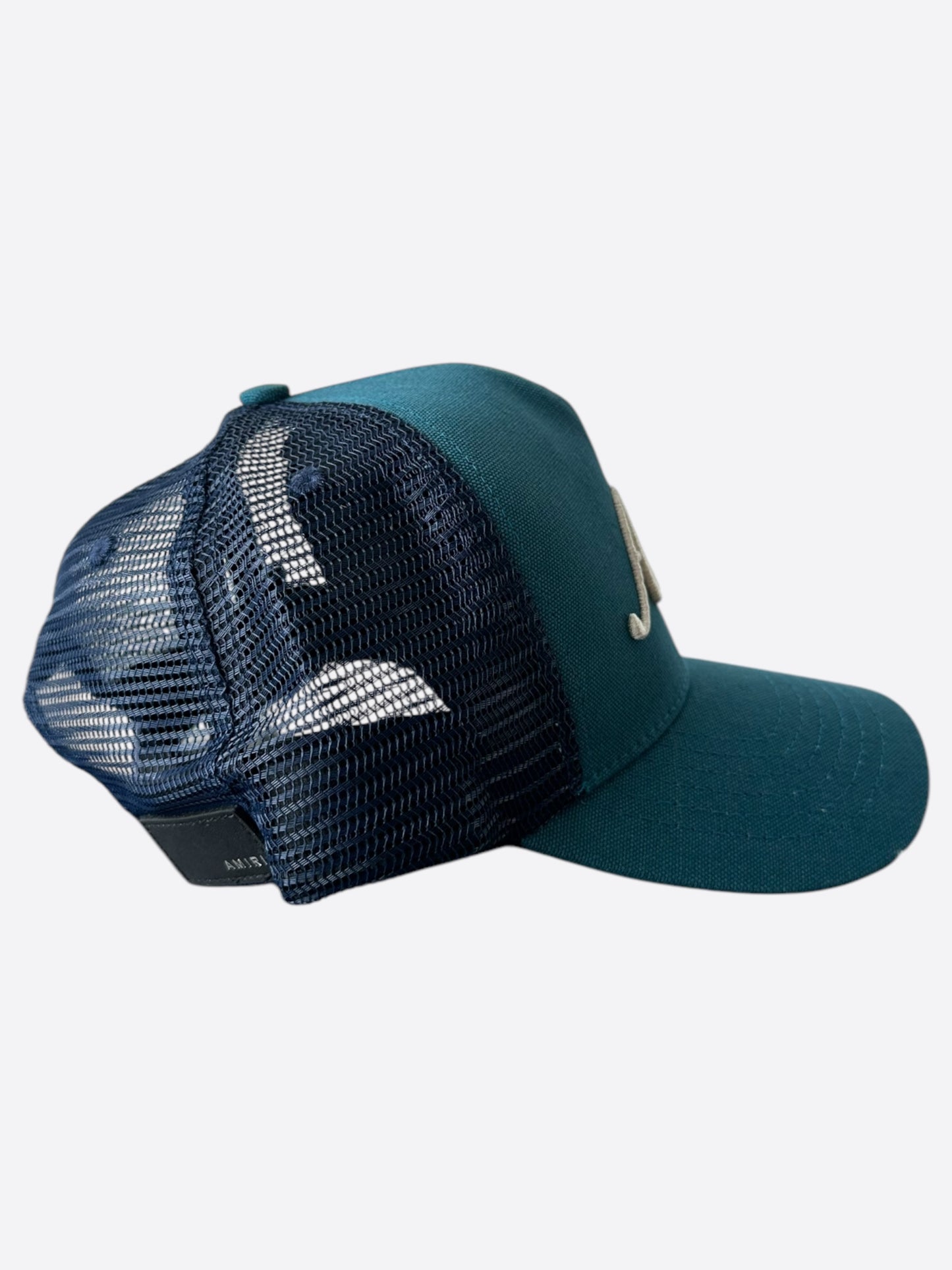 Amiri Blue & White Script Logo Trucker Hat