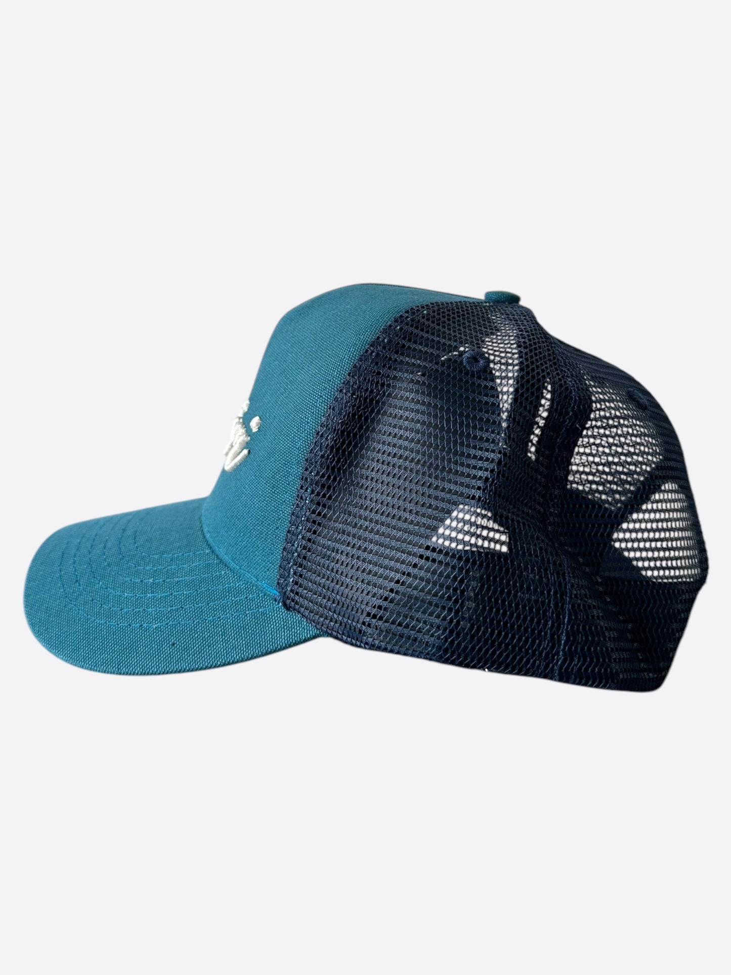 Amiri Blue & White Script Logo Trucker Hat
