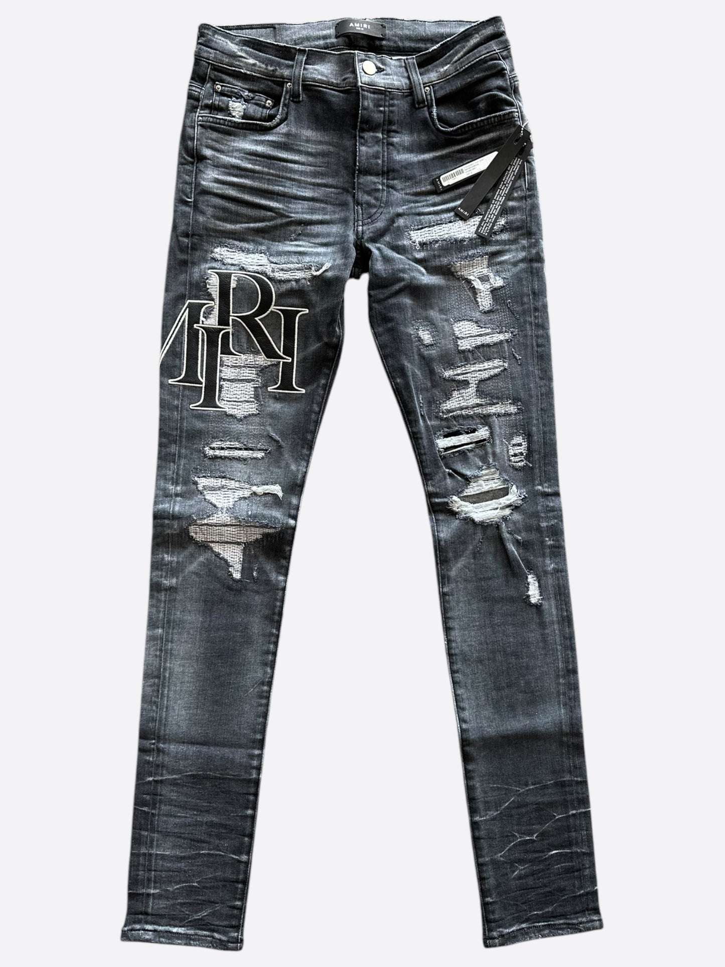Amiri Storm Grey Distressed Staggered Logo Jeans