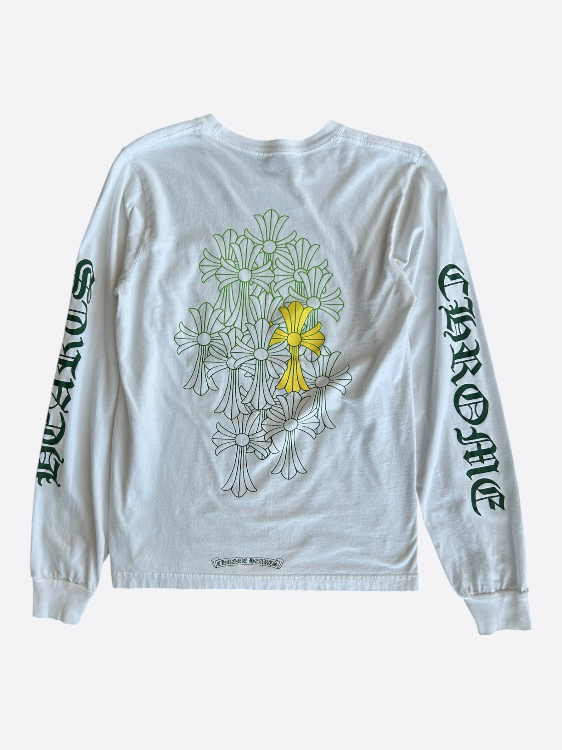 Chrome Hearts 長袖シャツ ホワイト/ライムグリーン　S Chrome Hearts White & Green Cemetery Cross Logo Longsleeve T-Shirt
