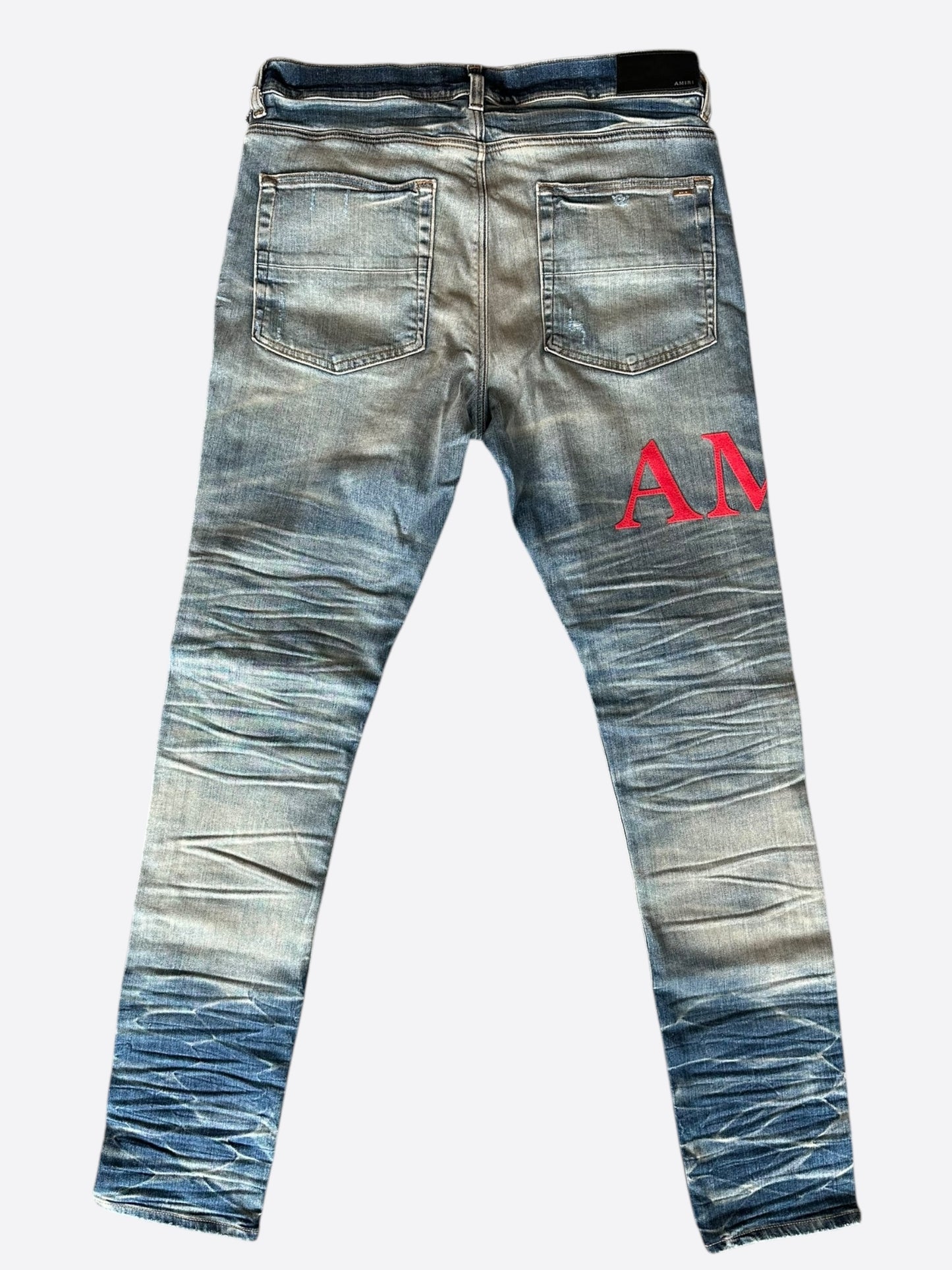 Amiri Vintage Indigo Red Serif Logo Distressed Jeans