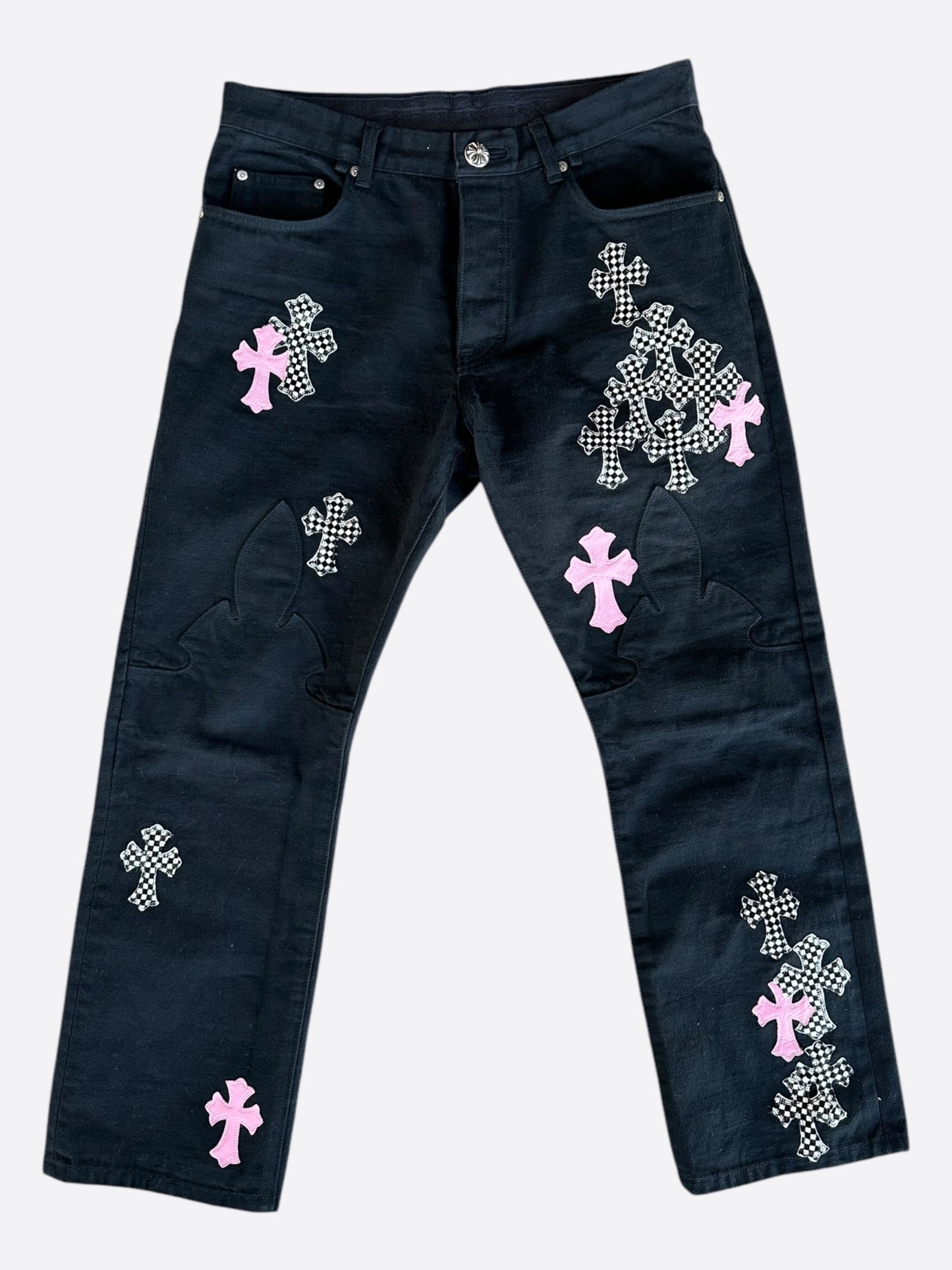 Chrome Hearts Black Pink & Checkered Cross Patch Fleur Jeans