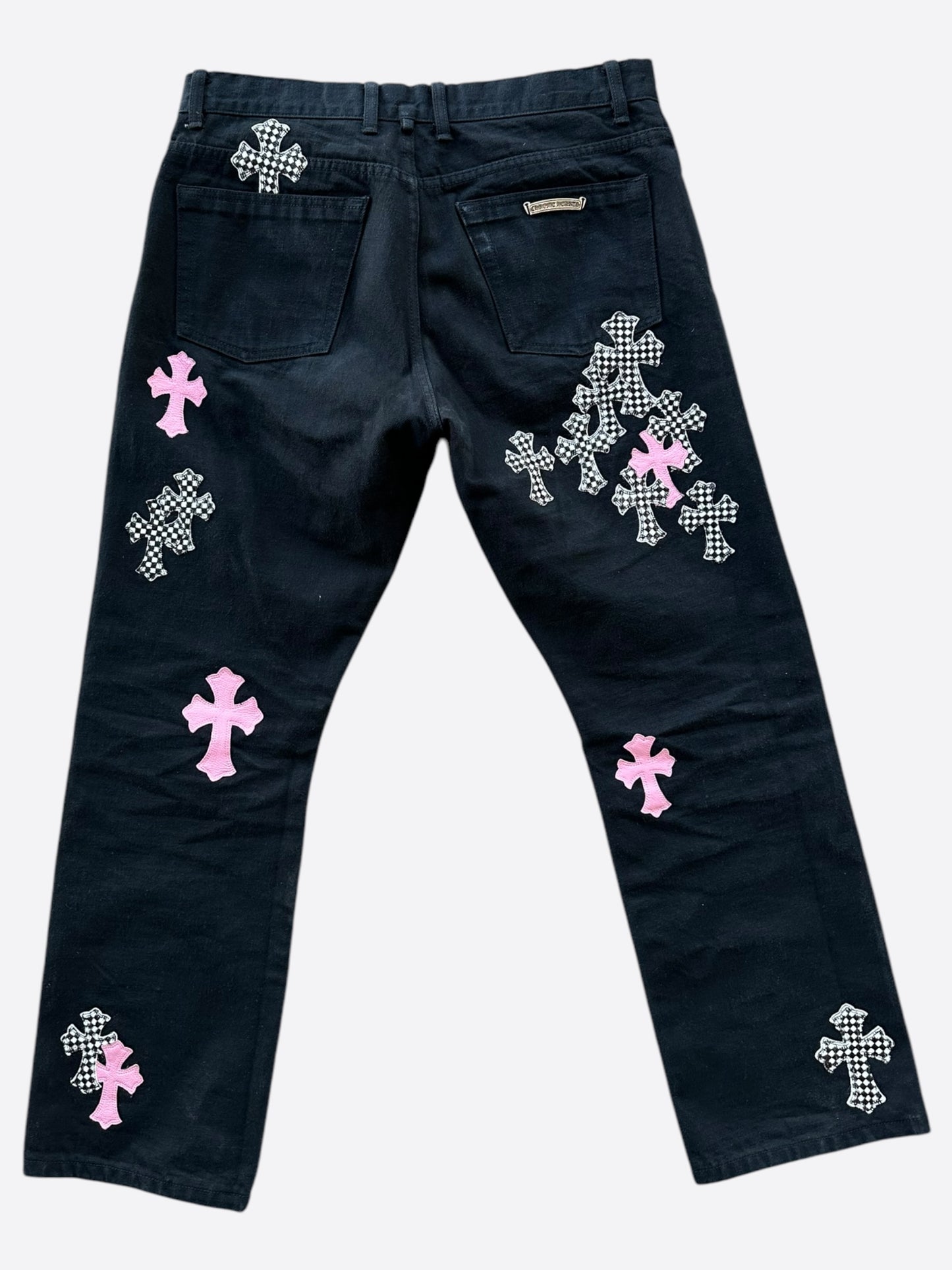 Chrome Hearts Black Pink & Checkered Cross Patch Fleur Jeans