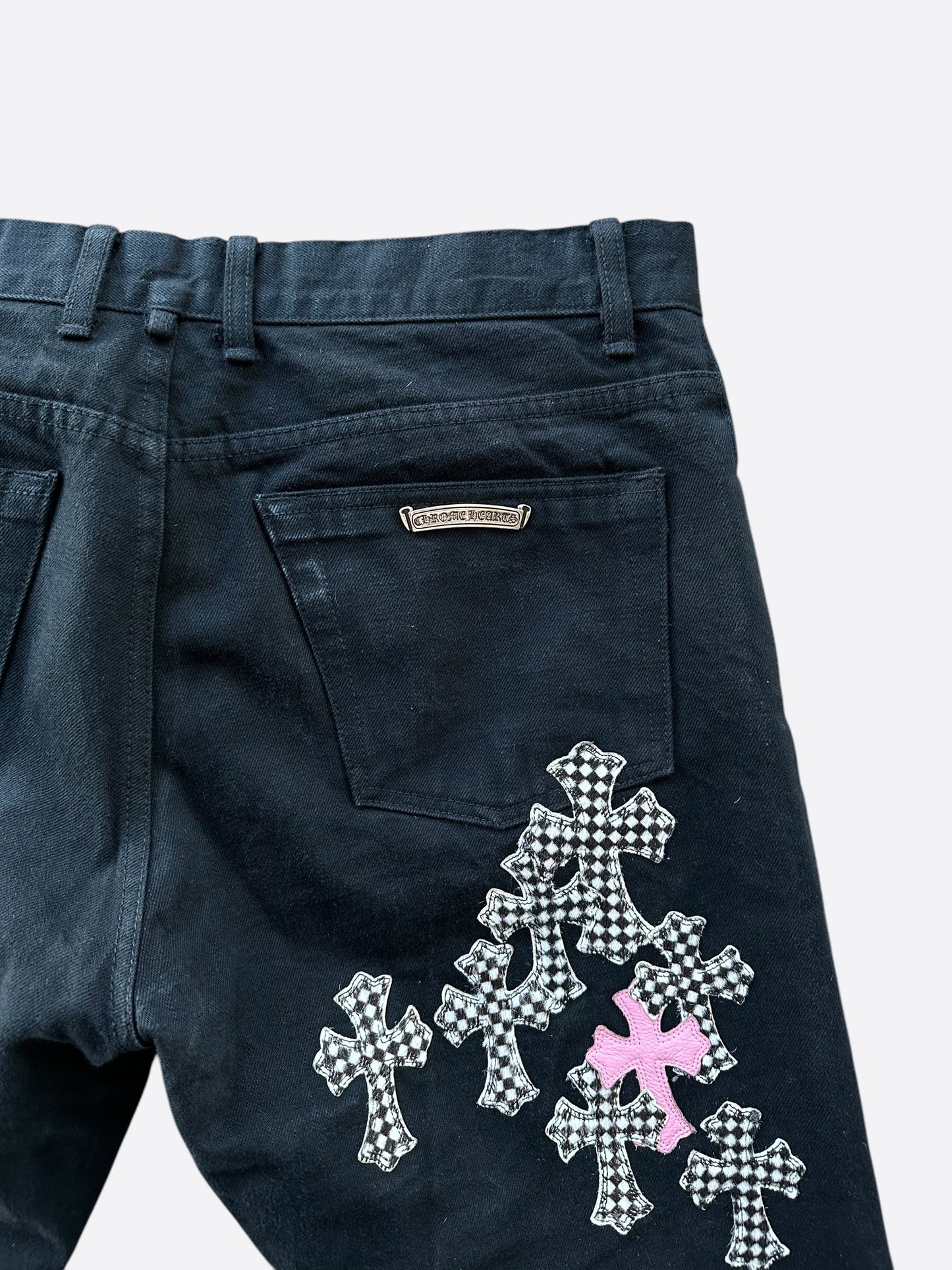 Chrome Hearts Black Pink & Checkered Cross Patch Fleur Jeans