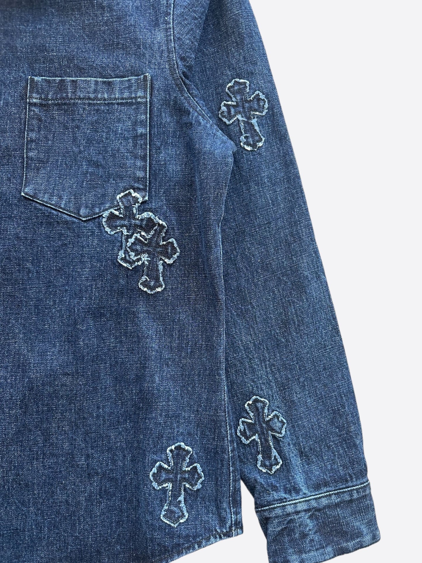 Chrome Hearts Blue Embroidered Cross Patch Denim Shirt
