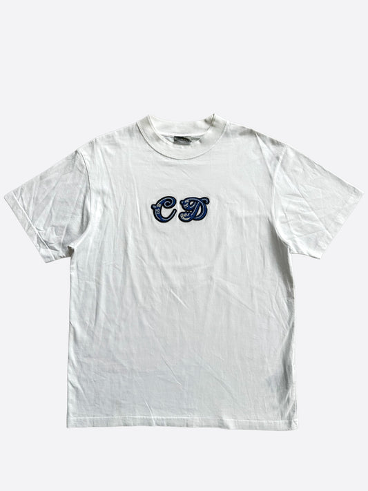 Dior Kenny Scharf White & Blue Embroidered Beads Logo T-Shirt