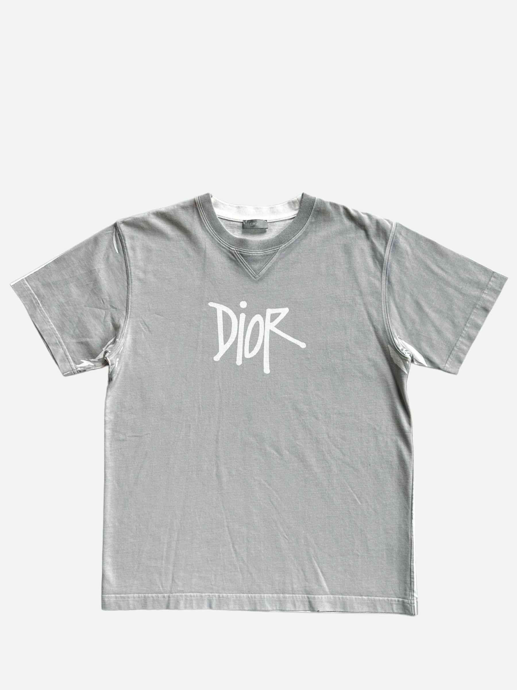 Dior Stussy Grey White Logo T Shirt Savonches