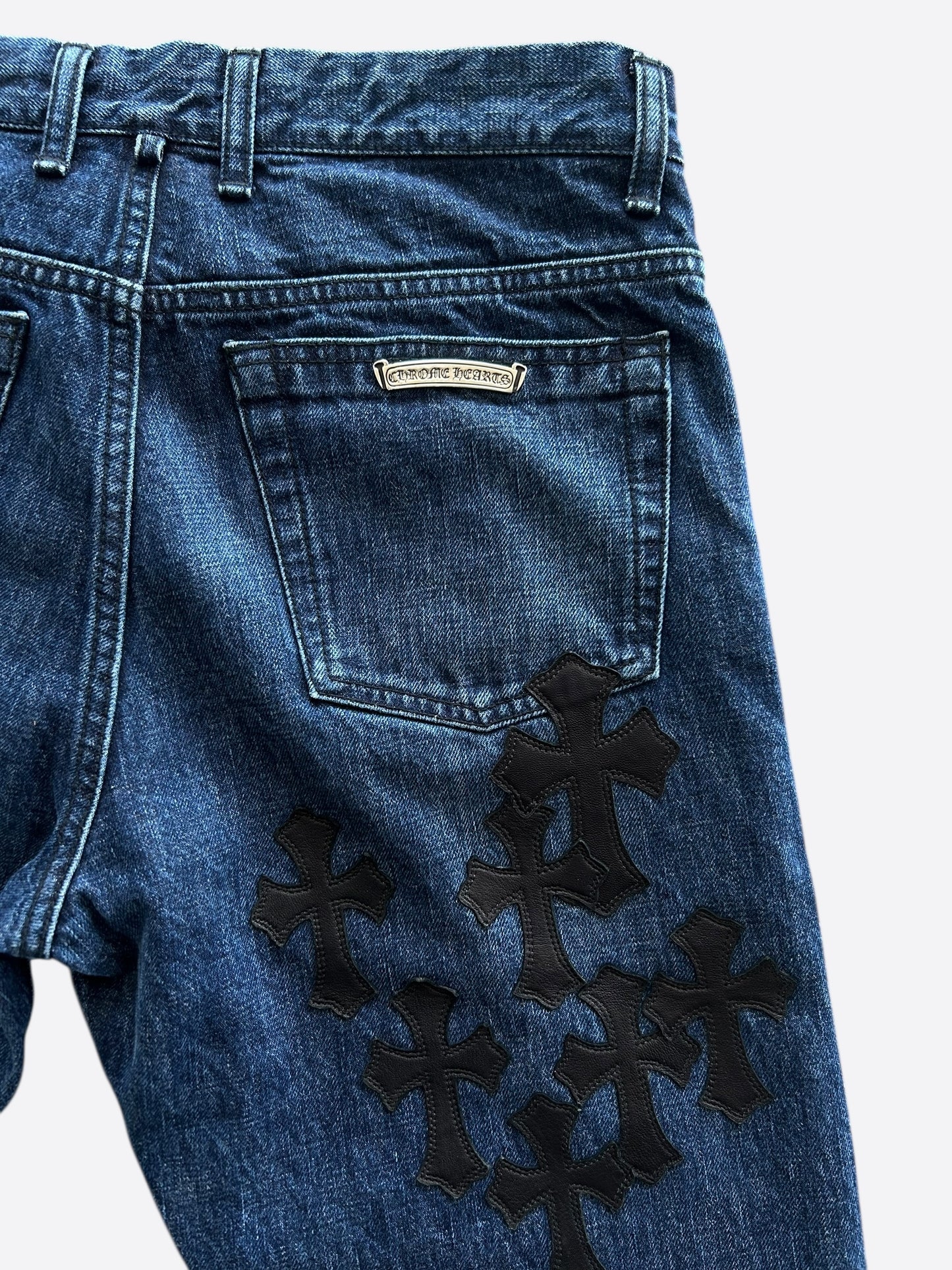 Chrome Hearts Blue & Black Cross Patch Fleur Jeans