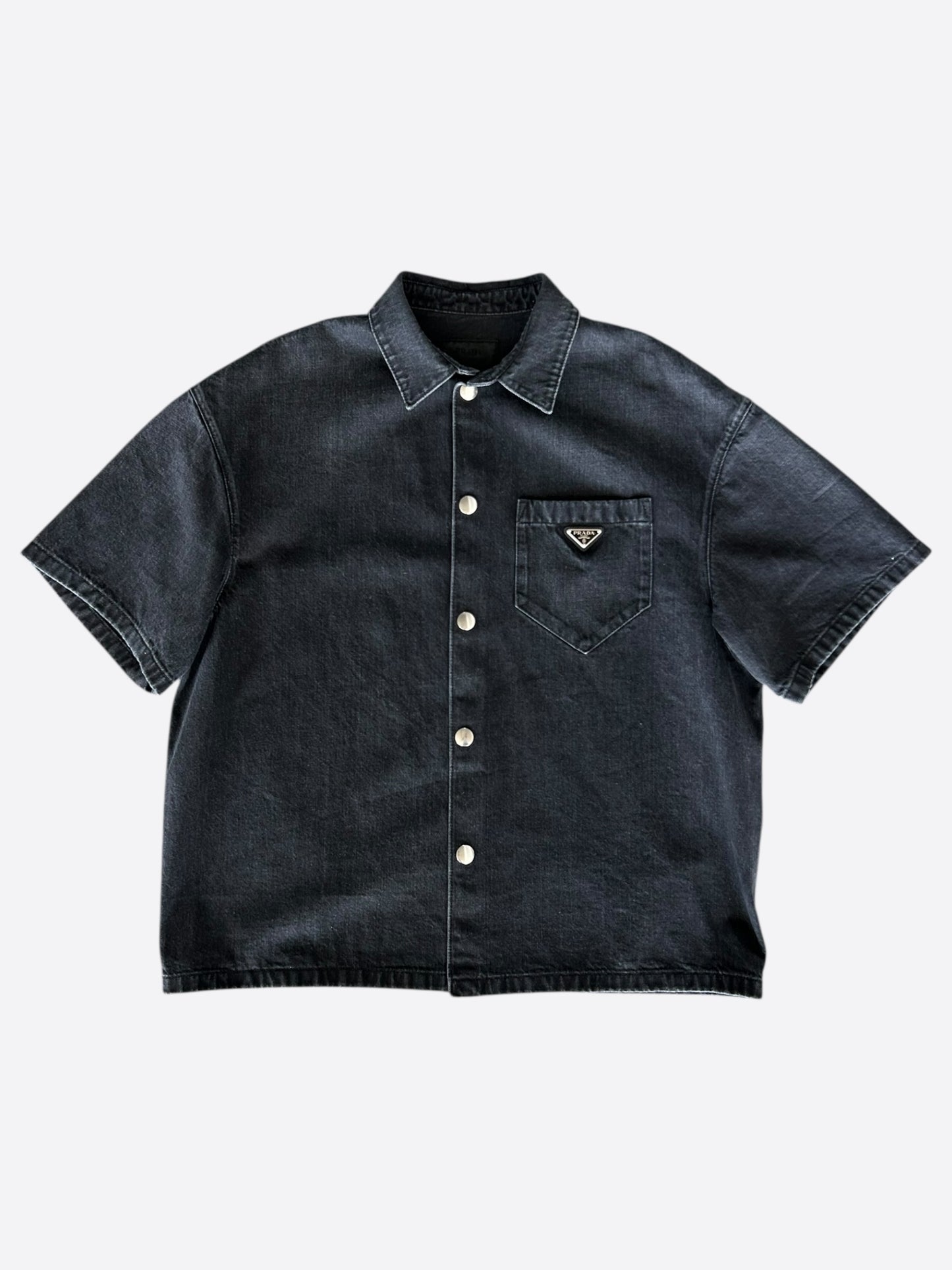 Prada Washed Black Logo Denim Button Up Shirt