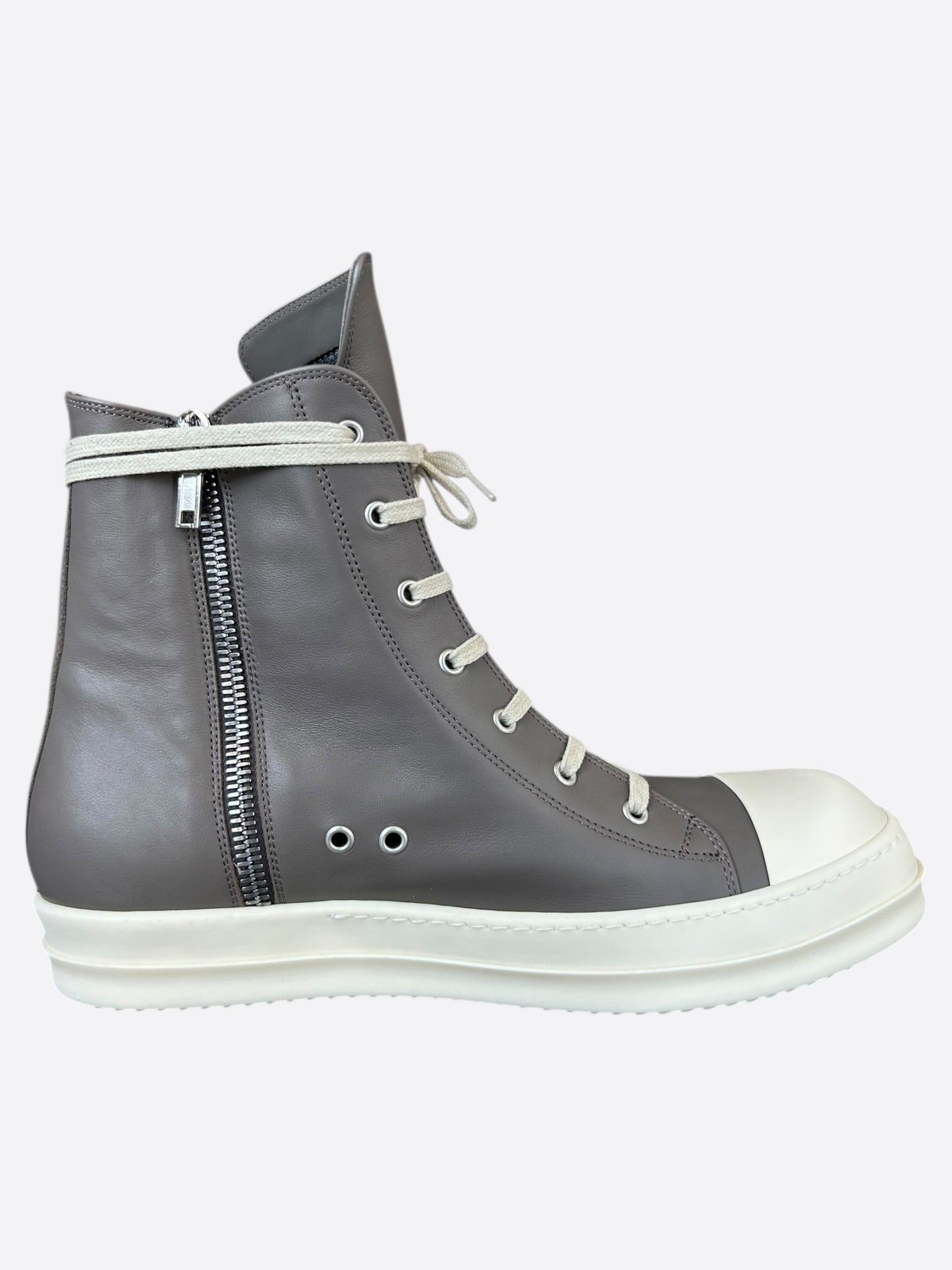 Rick Owens Grey & White Leather High Top Sneakers