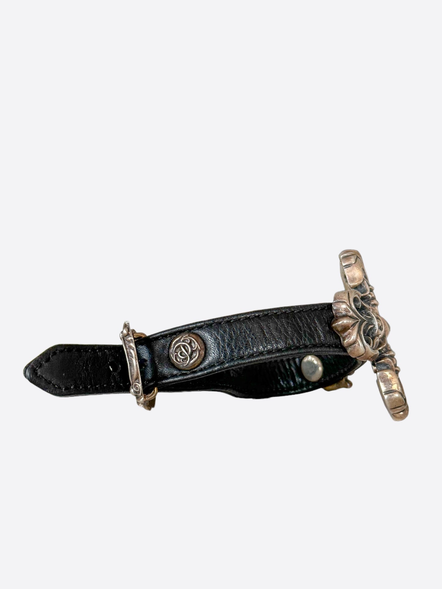 Chrome Hearts Black Leather Filigree Cross Gunslinger Bracelet