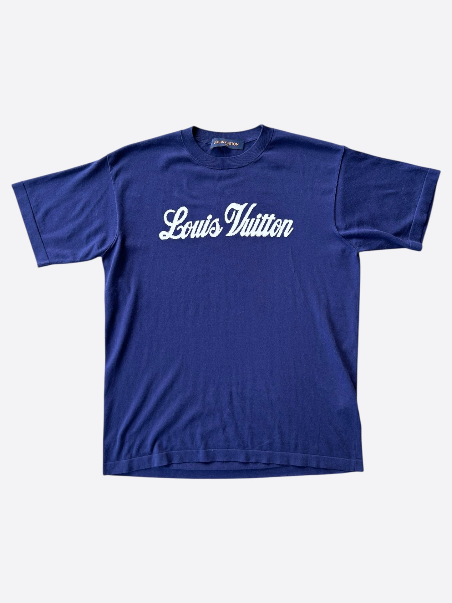 Louis Vuitton Blue & White Script Logo Intarsia T-Shirt