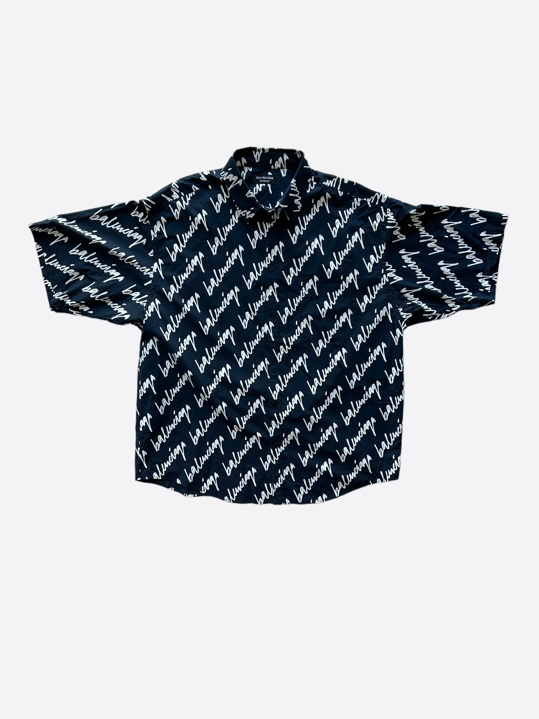 Balenciaga Navy White Script Logo Button Up Shirt – Savonches