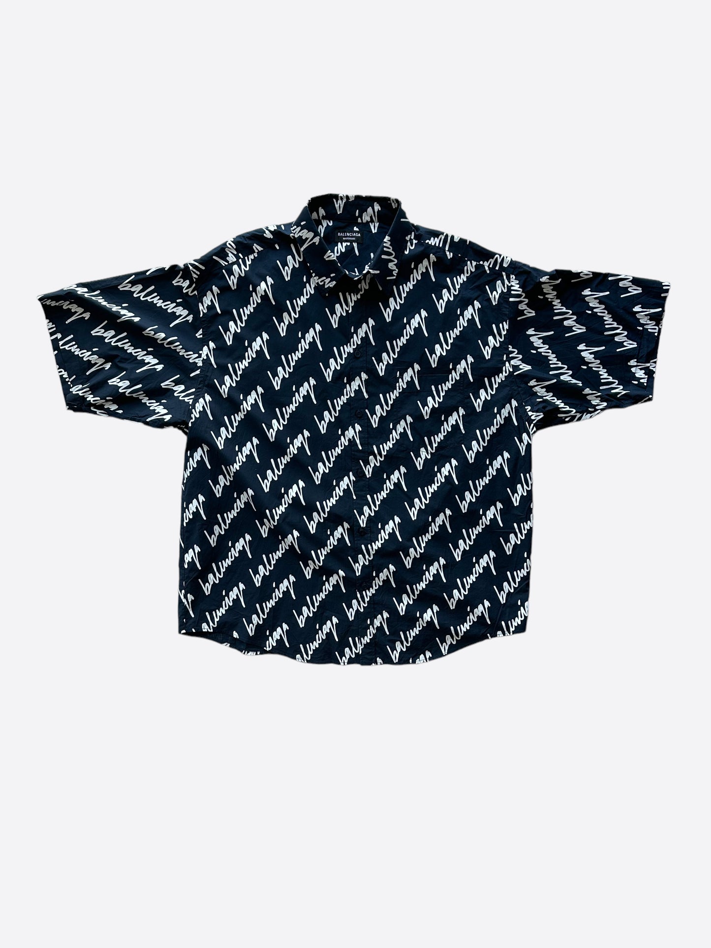 Balenciaga Navy & White Script Logo Button Up Shirt