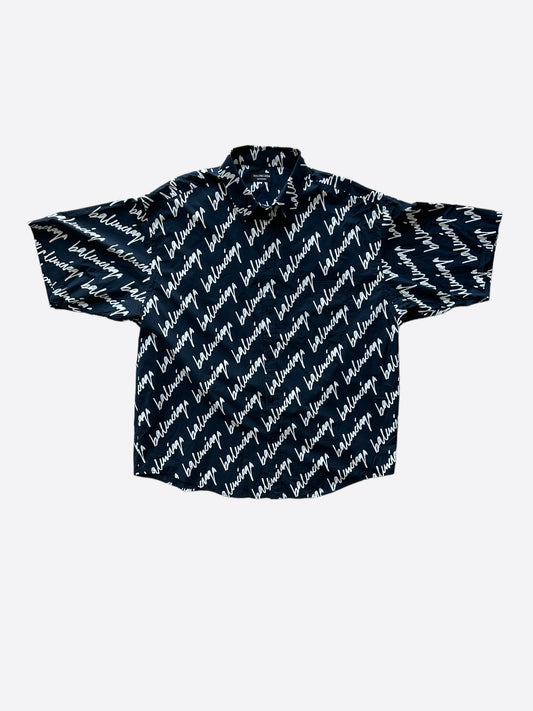 Balenciaga Navy & White Script Logo Button Up Shirt