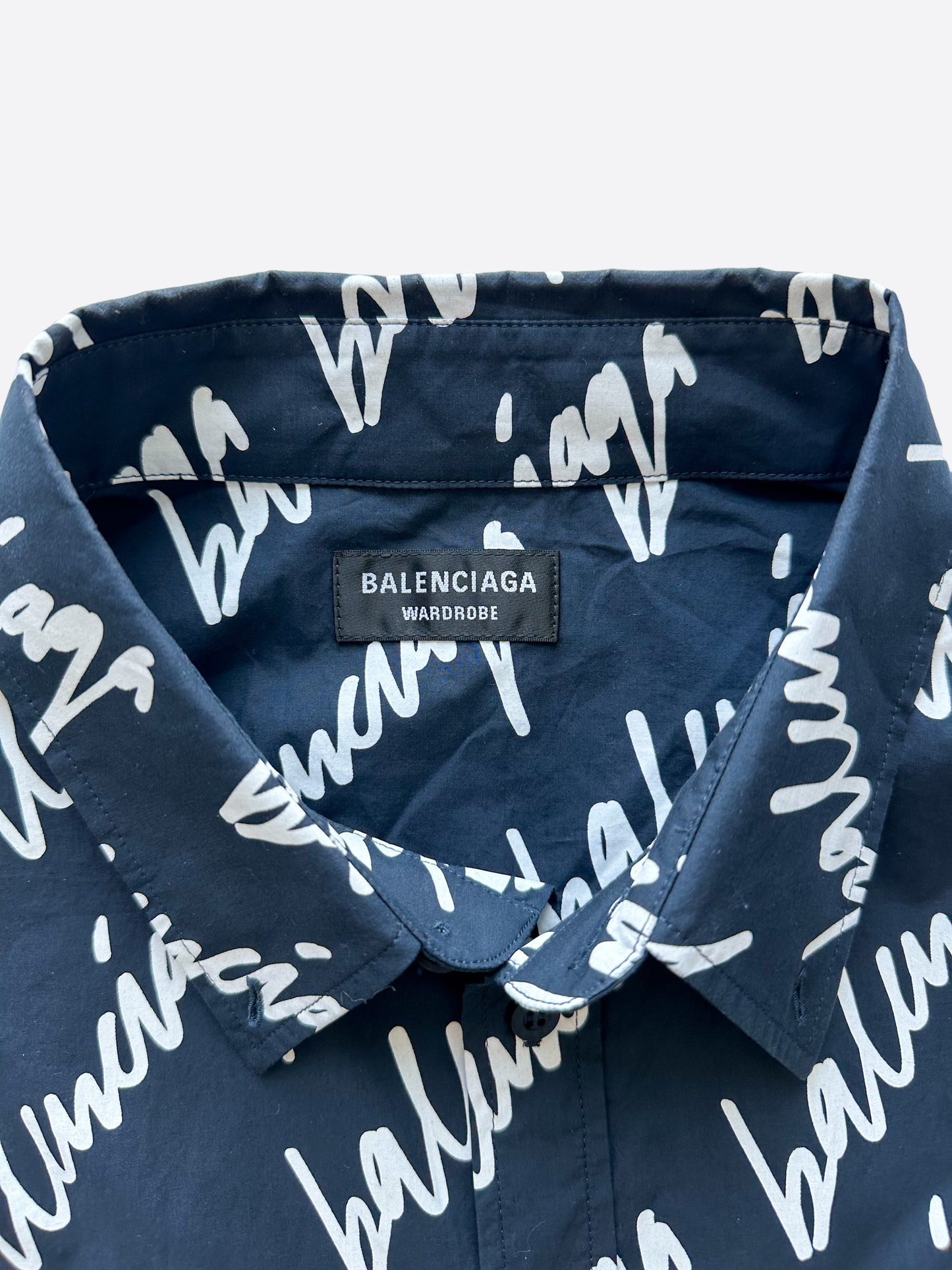 Balenciaga Navy & White Script Logo Button Up Shirt