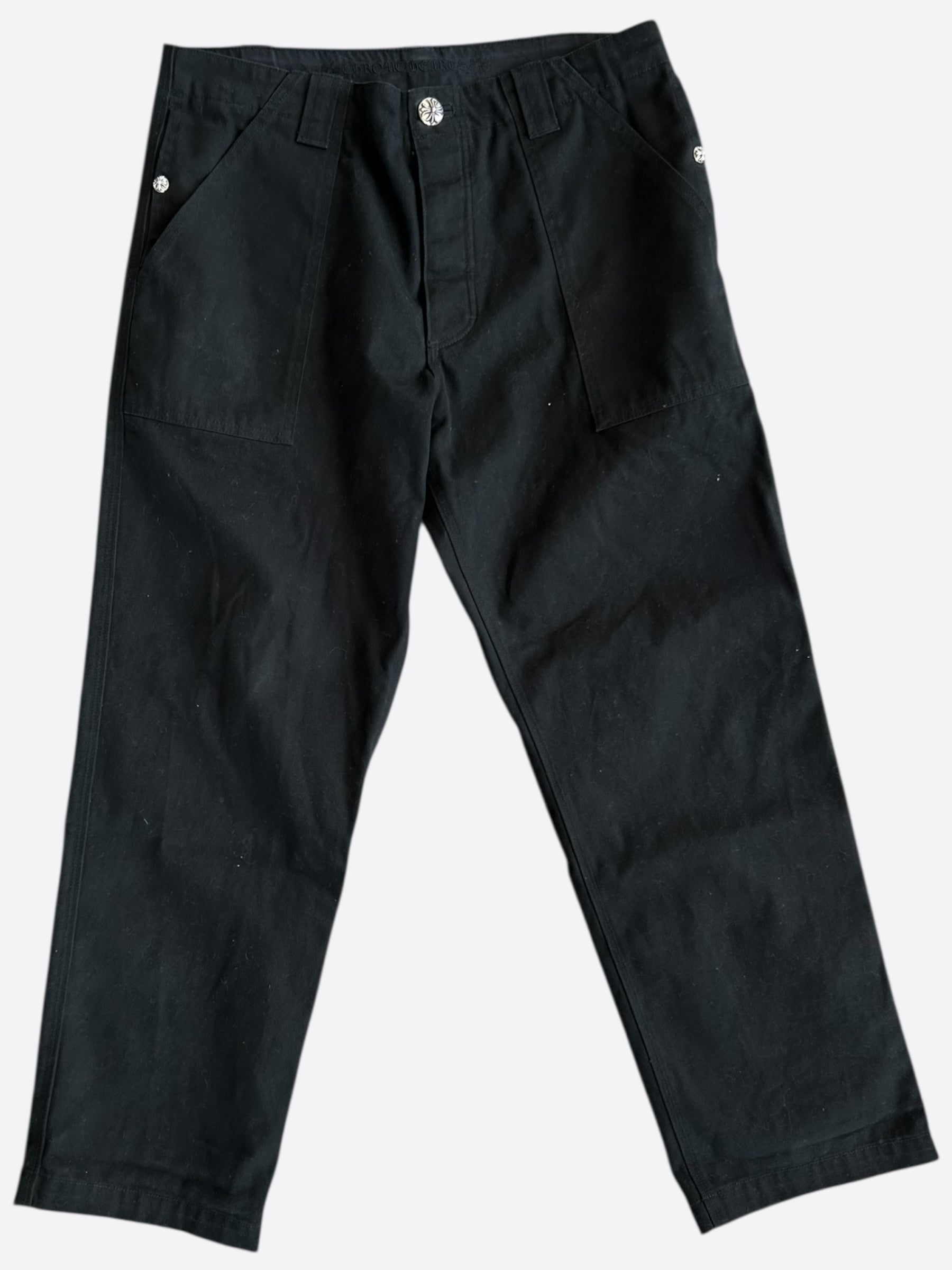 パンツ chrome hearts work pants black 40 Chrome Hearts Black Leather Fleur Knee Carpenter Pants