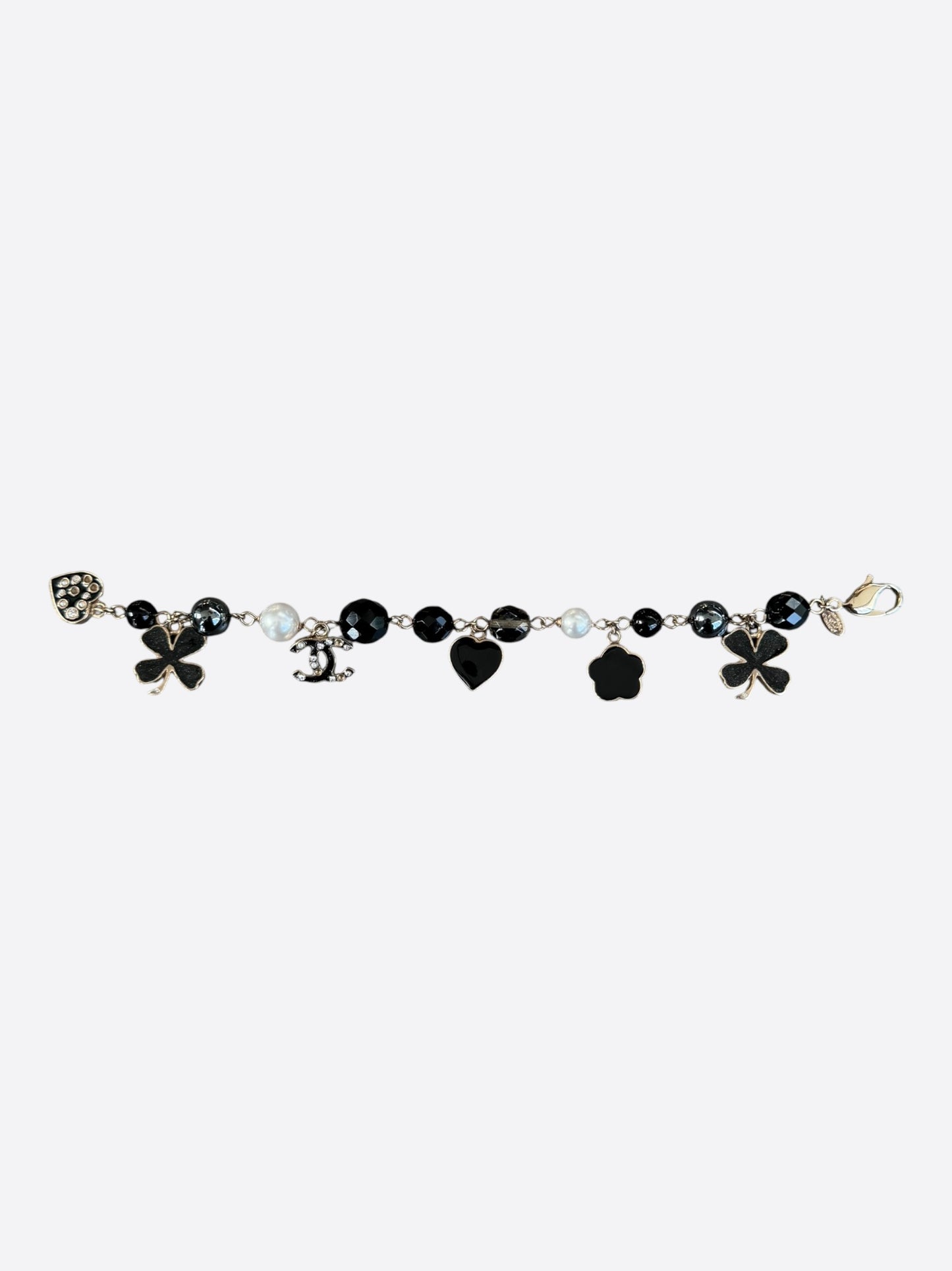 Chanel Silver & Black CC Faux Pearl Charm Bracelet