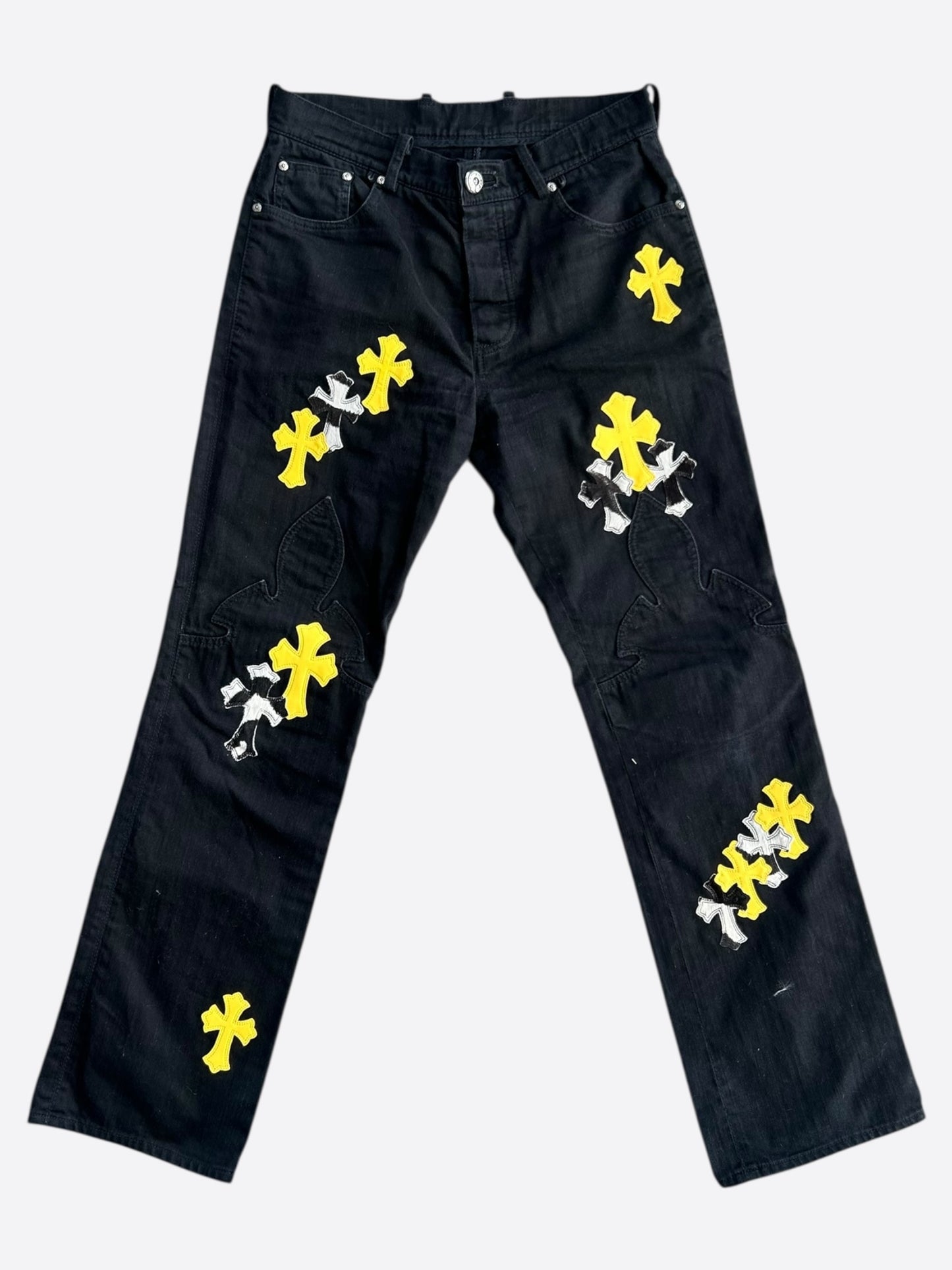 Chrome Hearts Black Cow & Yellow Cross Patch Fleur Jeans