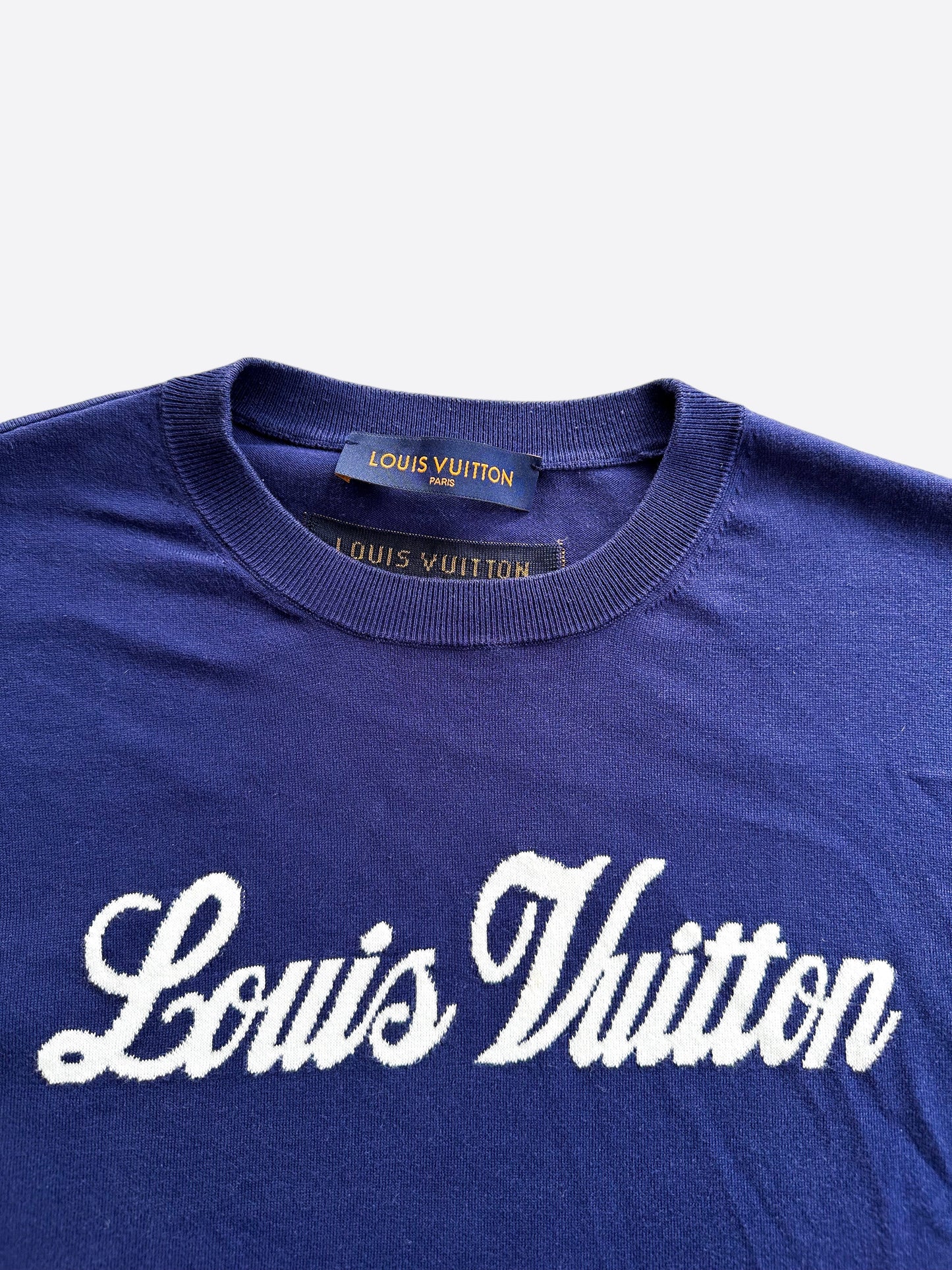 Louis Vuitton Blue & White Script Logo Intarsia T-Shirt