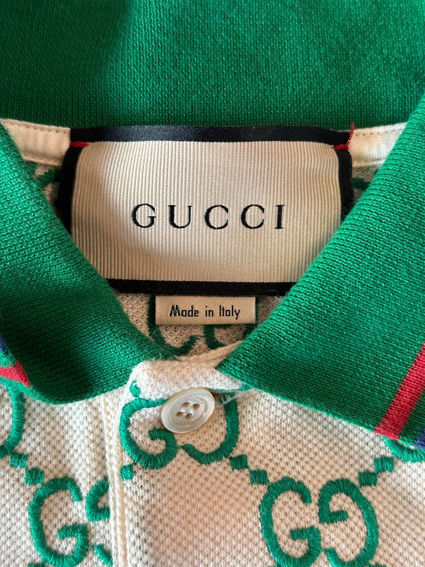 Gucci White & Green GG Monogram Polo T-Shirt