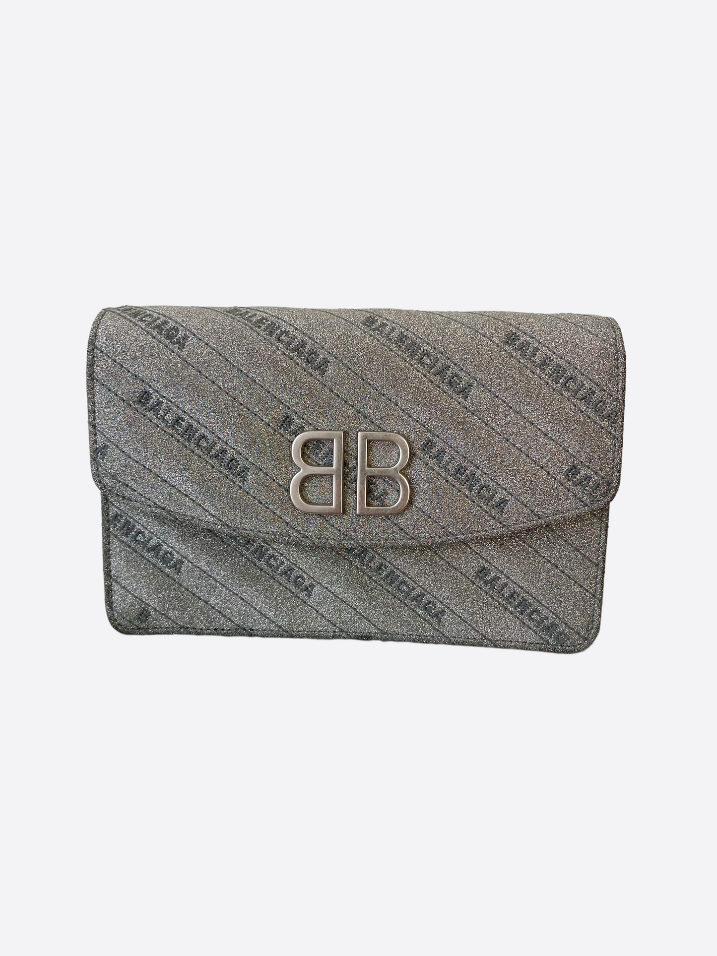 Balenciaga BB Silver Glitter Chain Wallet