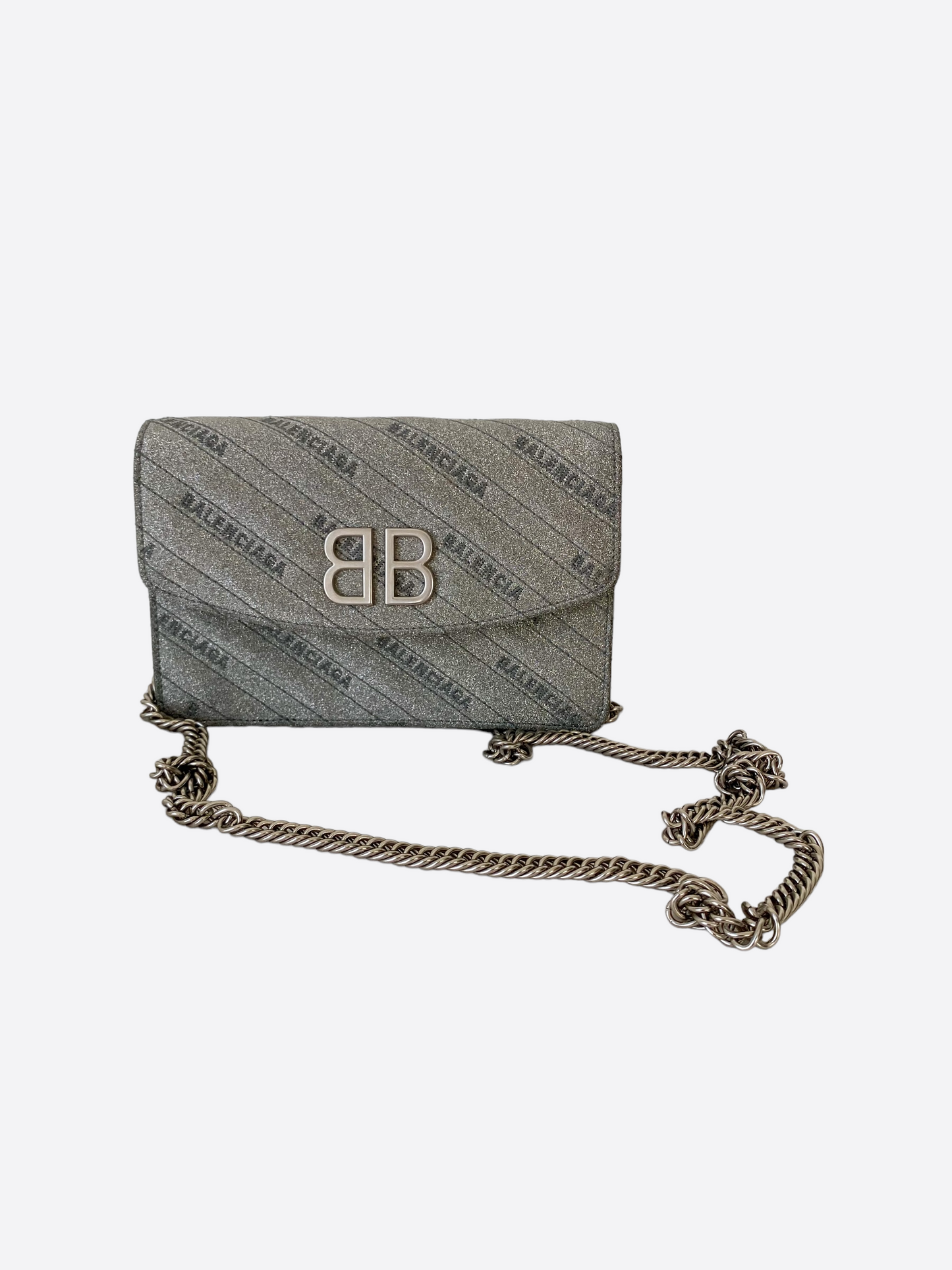 Balenciaga BB Silver Glitter Chain Wallet