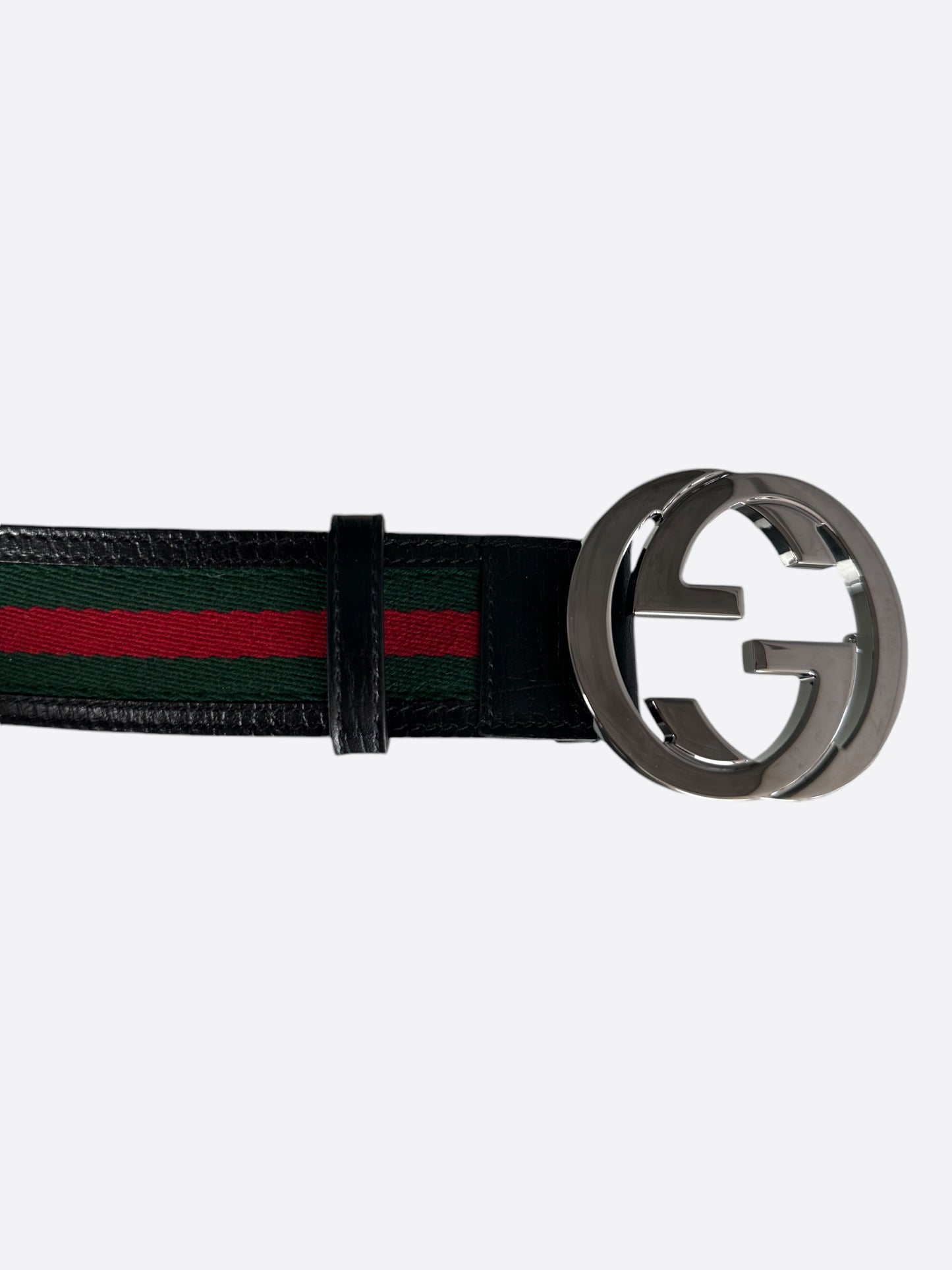 Gucci Green & Red Striped Silver Buckle Belt