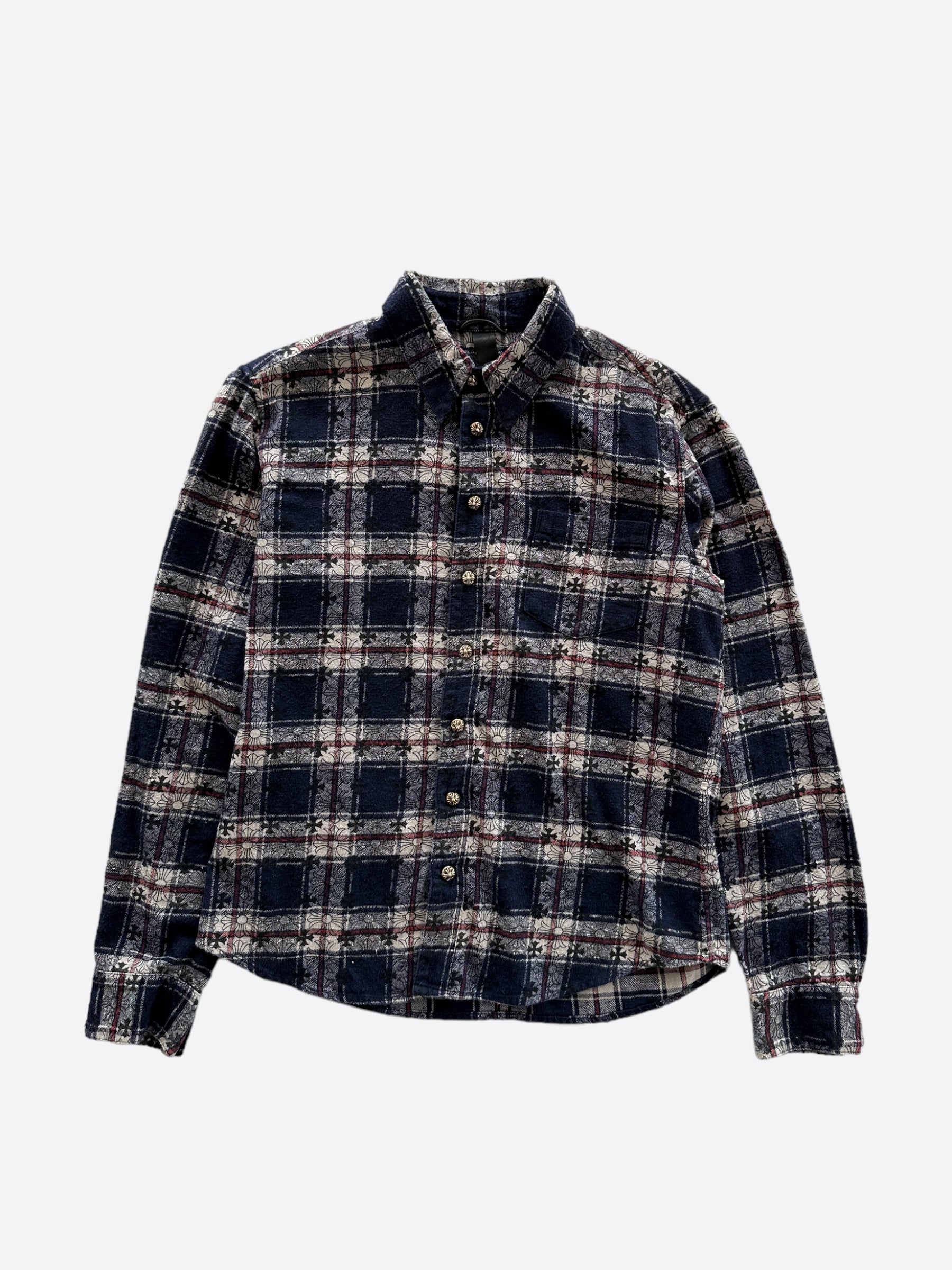 Chrome Hearts Blue Cross Patch Jacquard Button Up Shirt Chrome Hearts Blue Cross Patch Jacquard Button Up Shirt