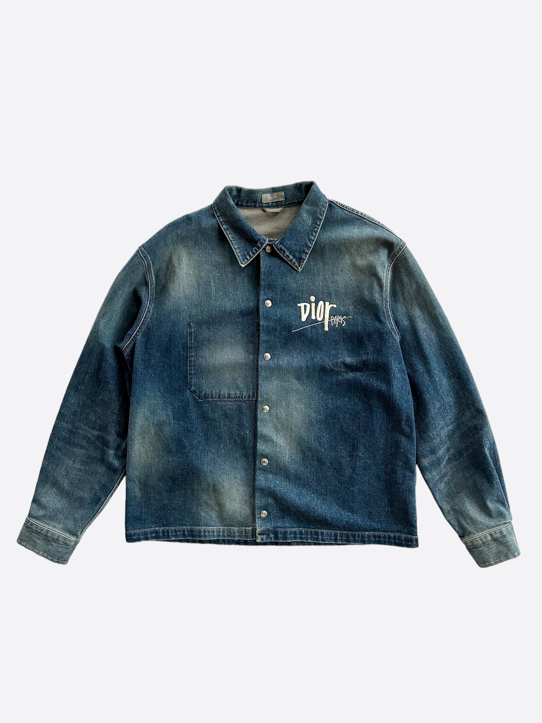 Dior Stussy Blue Embroidered Denim Button Up Shirt