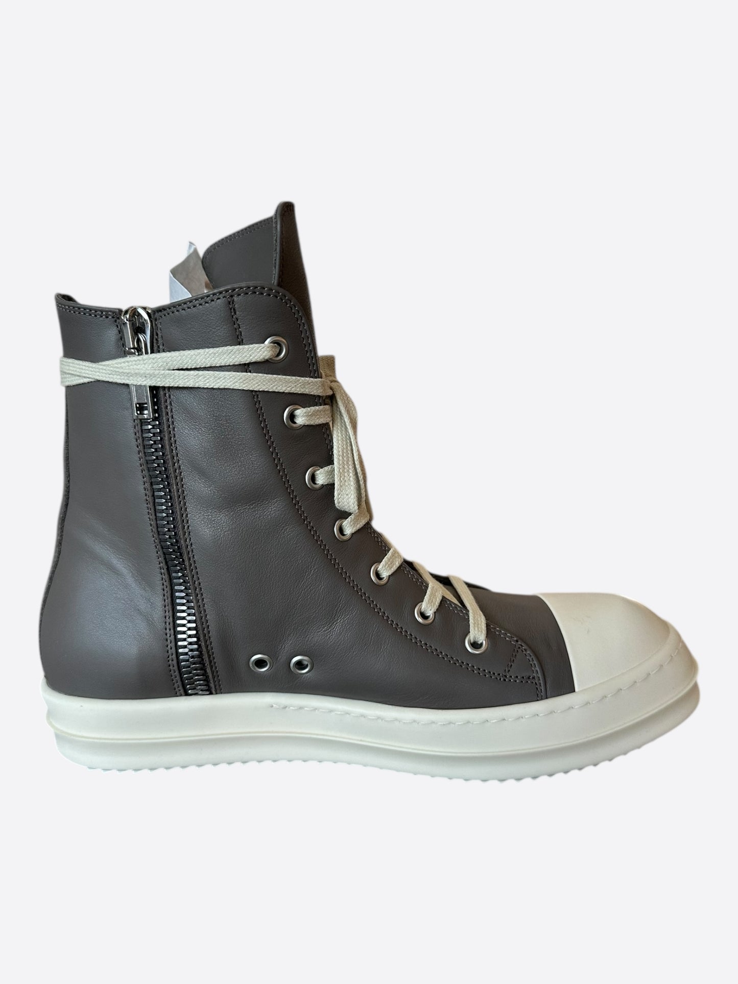 Rick Owens Grey & White Leather High Top Sneakers