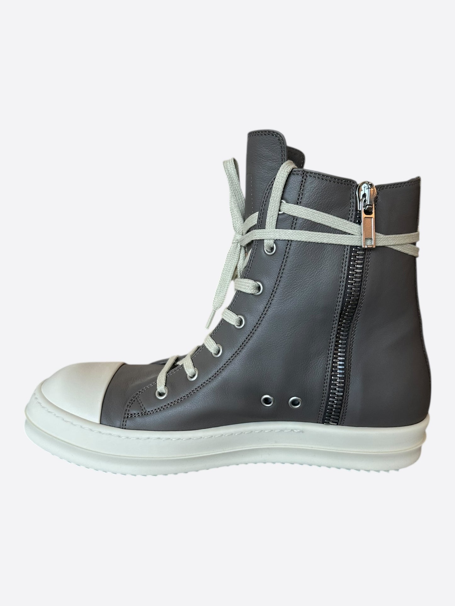 Rick Owens Grey & White Leather High Top Sneakers