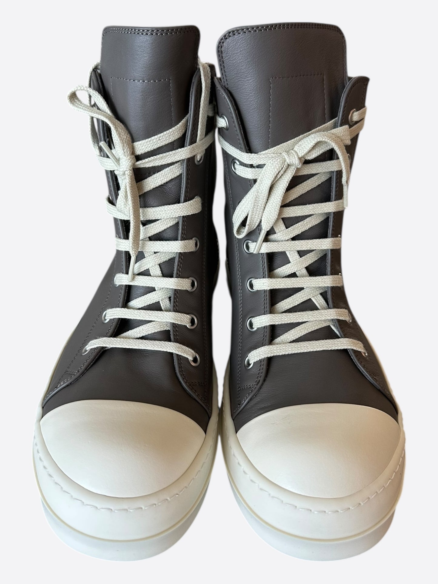 Rick Owens Grey & White Leather High Top Sneakers