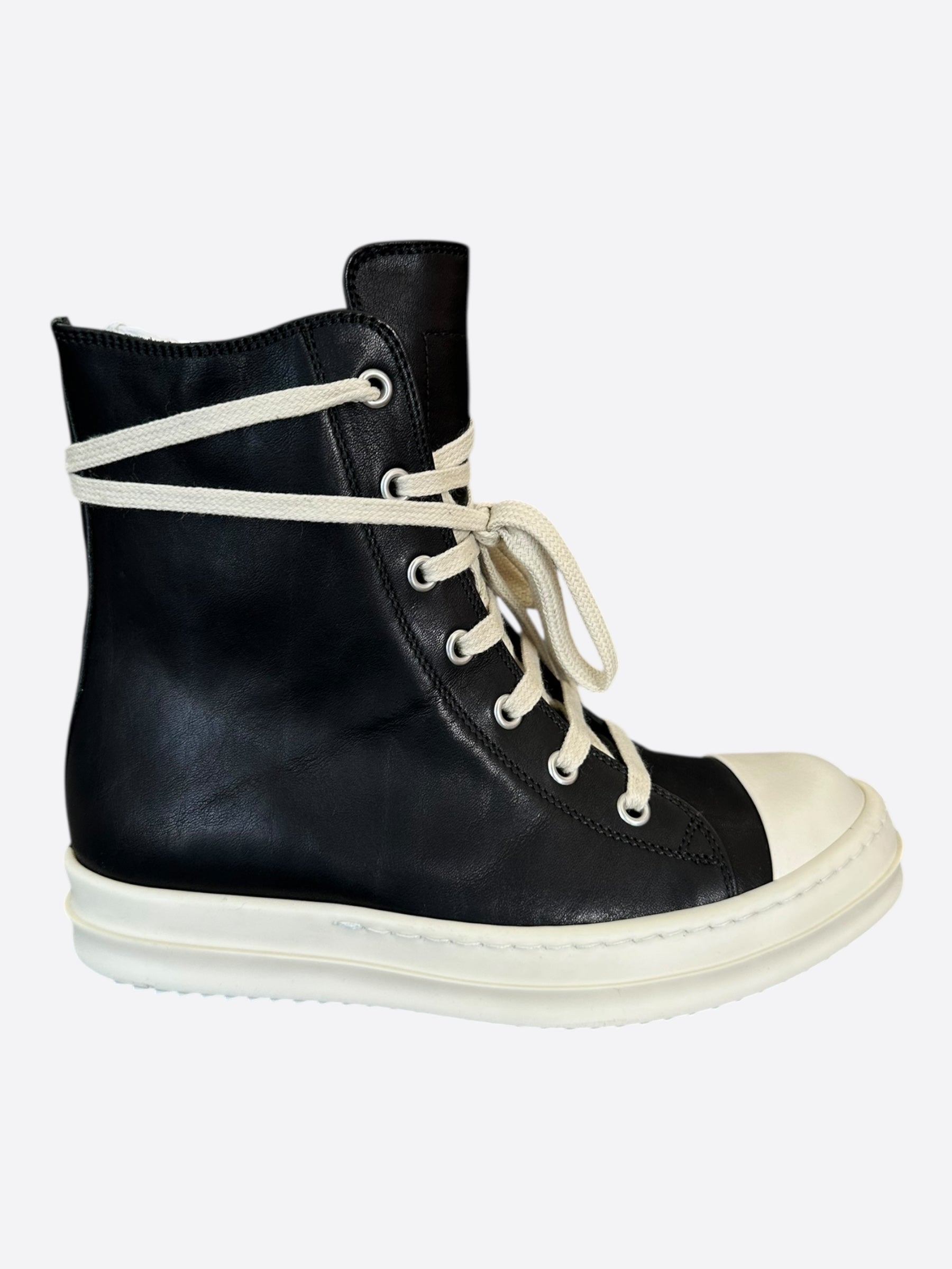 Rick Owens Black White Leather Women's High Top Sneakers – Savonches - Main Image