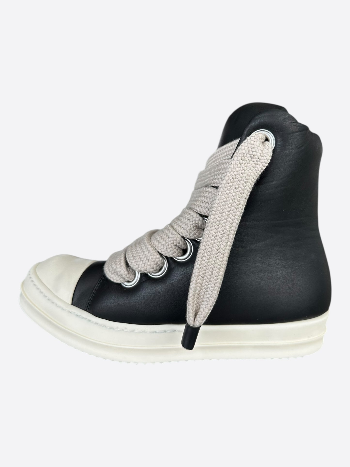 Rick Owens Black & White Leather Jumbo Lace Women's High Top Puffer Sneakers