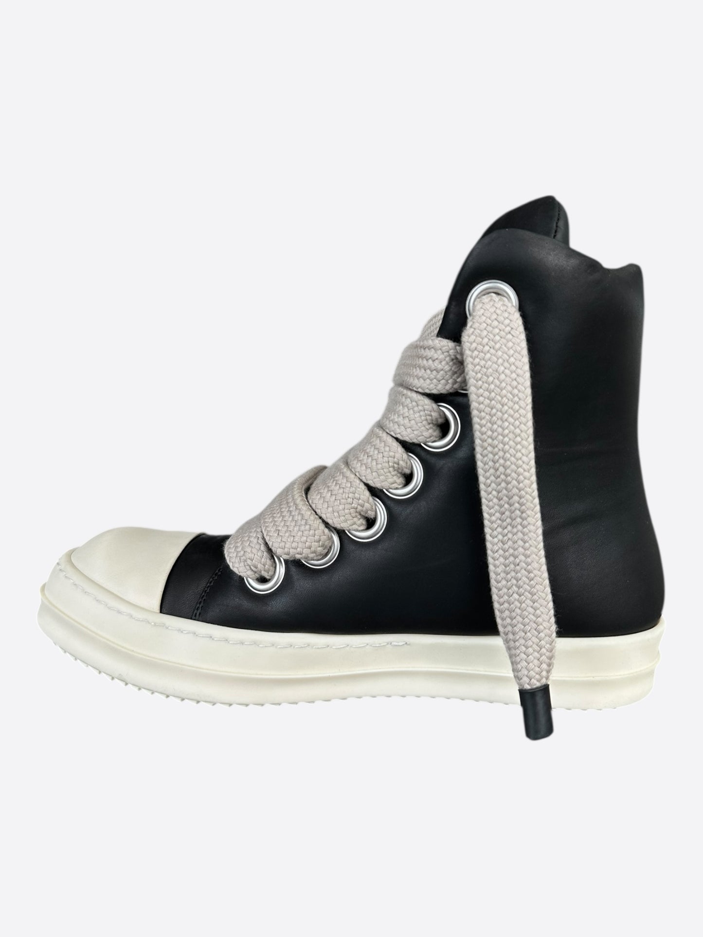 Rick Owens Black & White Leather Jumbo Lace Women's High Top Puffer Sneakers