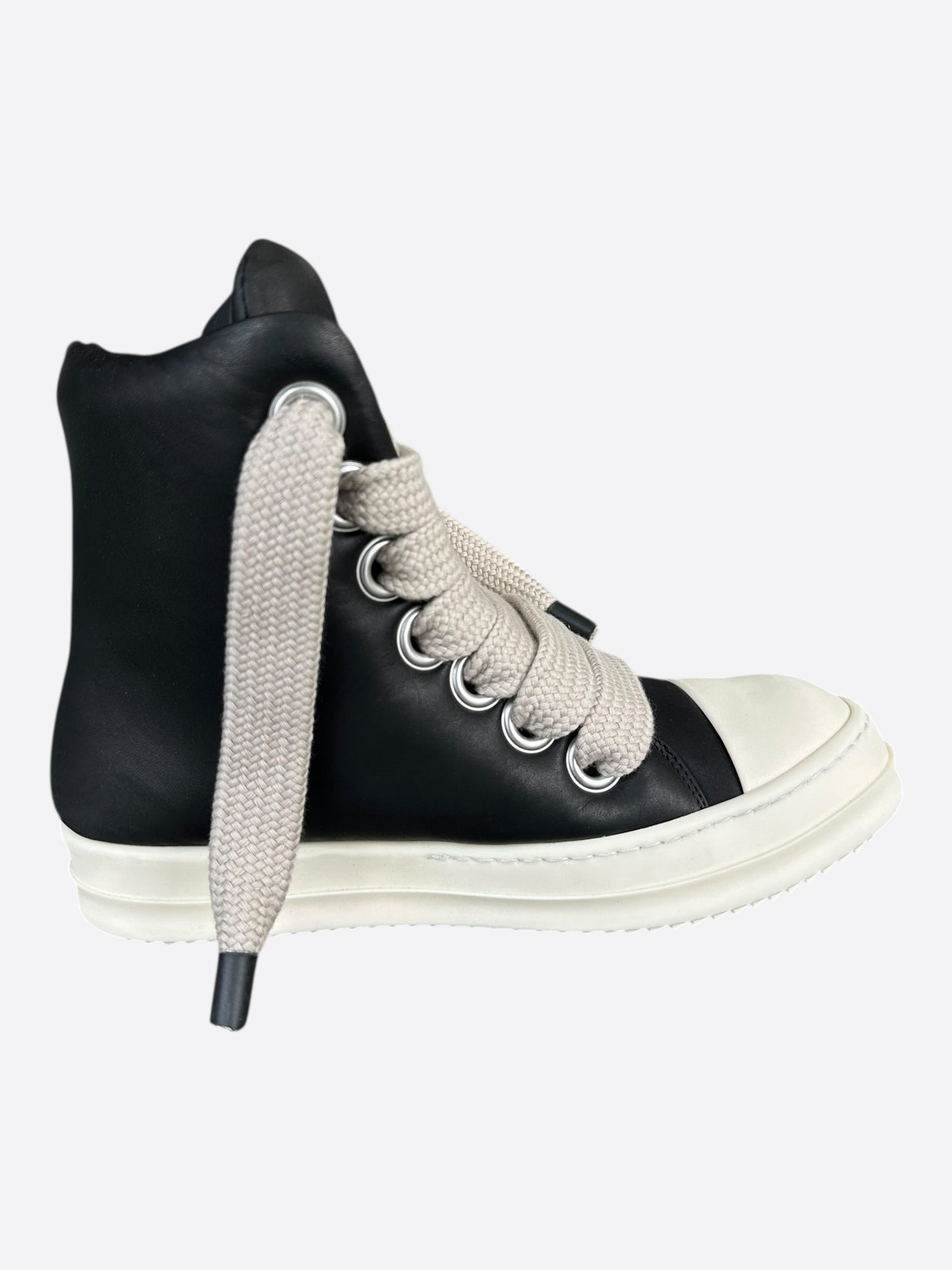 Rick Owens Black & White Leather Jumbo Lace Women's High Top Puffer Sneakers