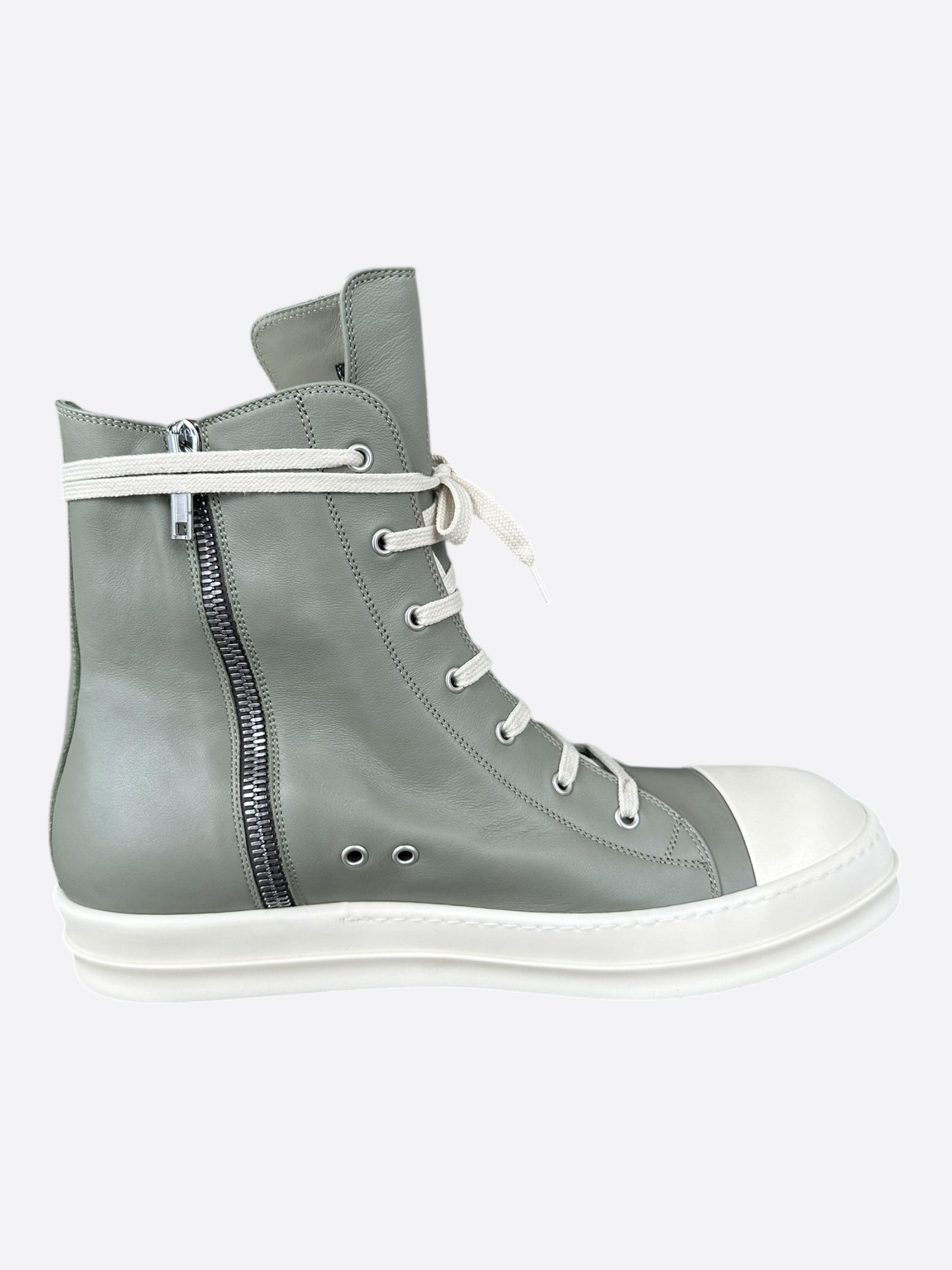 Rick Owens Green & White Leather High Top Sneakers