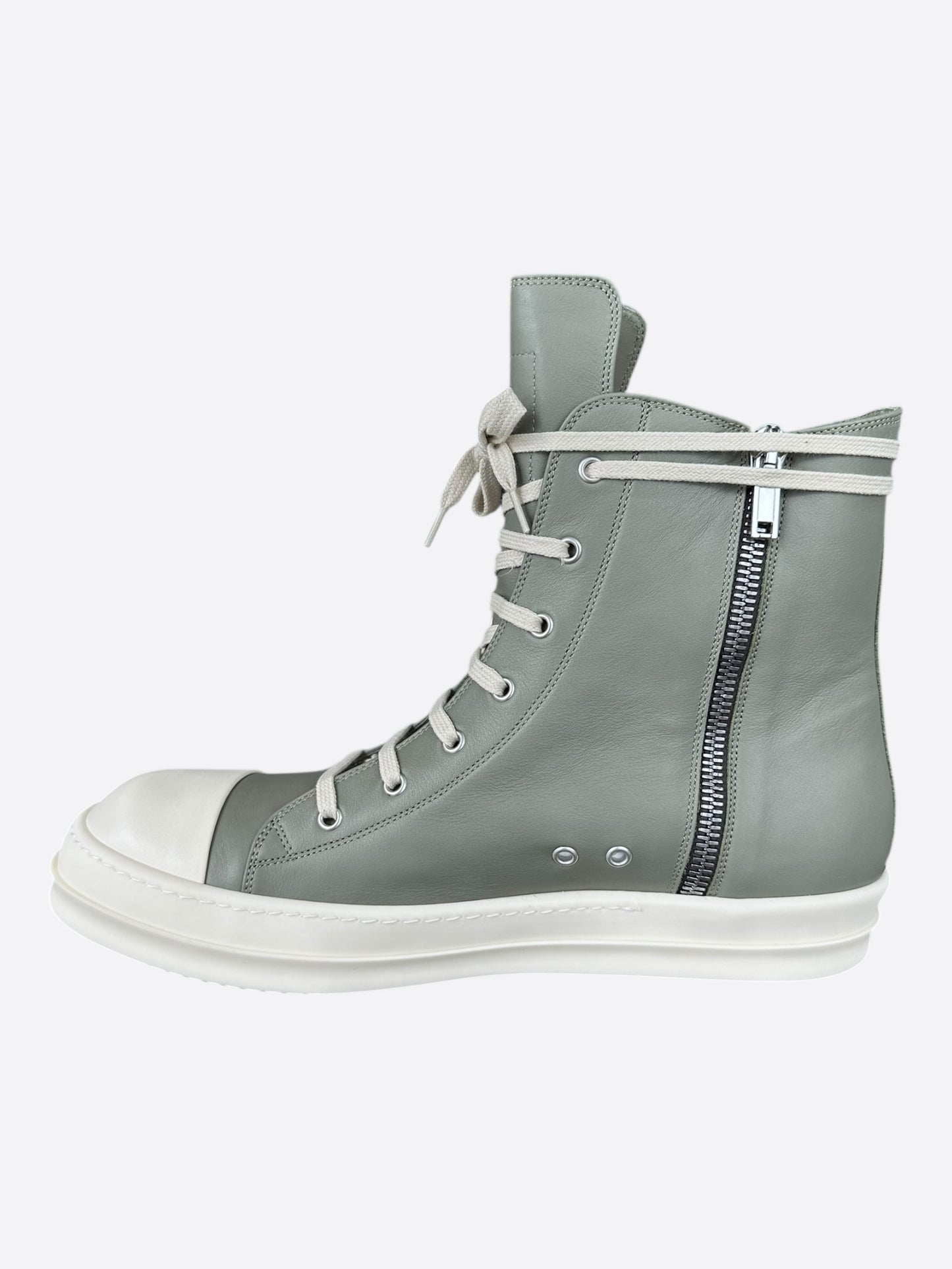 Rick Owens Green & White Leather High Top Sneakers