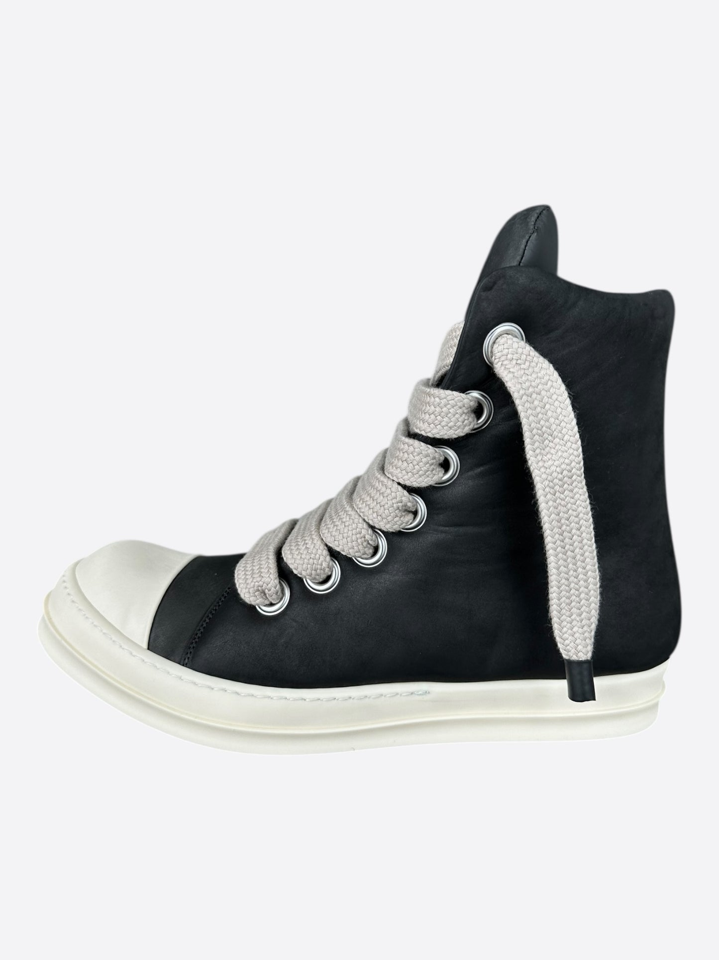 Rick Owens Black & White Leather Jumbo Lace High Top Puffer Sneakers