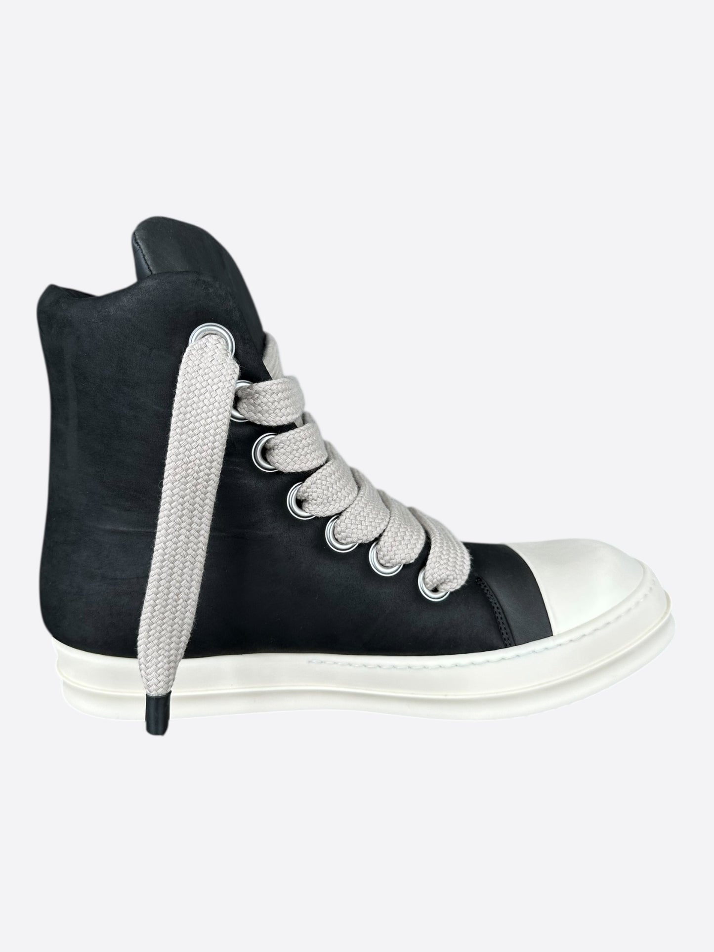 Rick Owens Black & White Leather Jumbo Lace High Top Puffer Sneakers