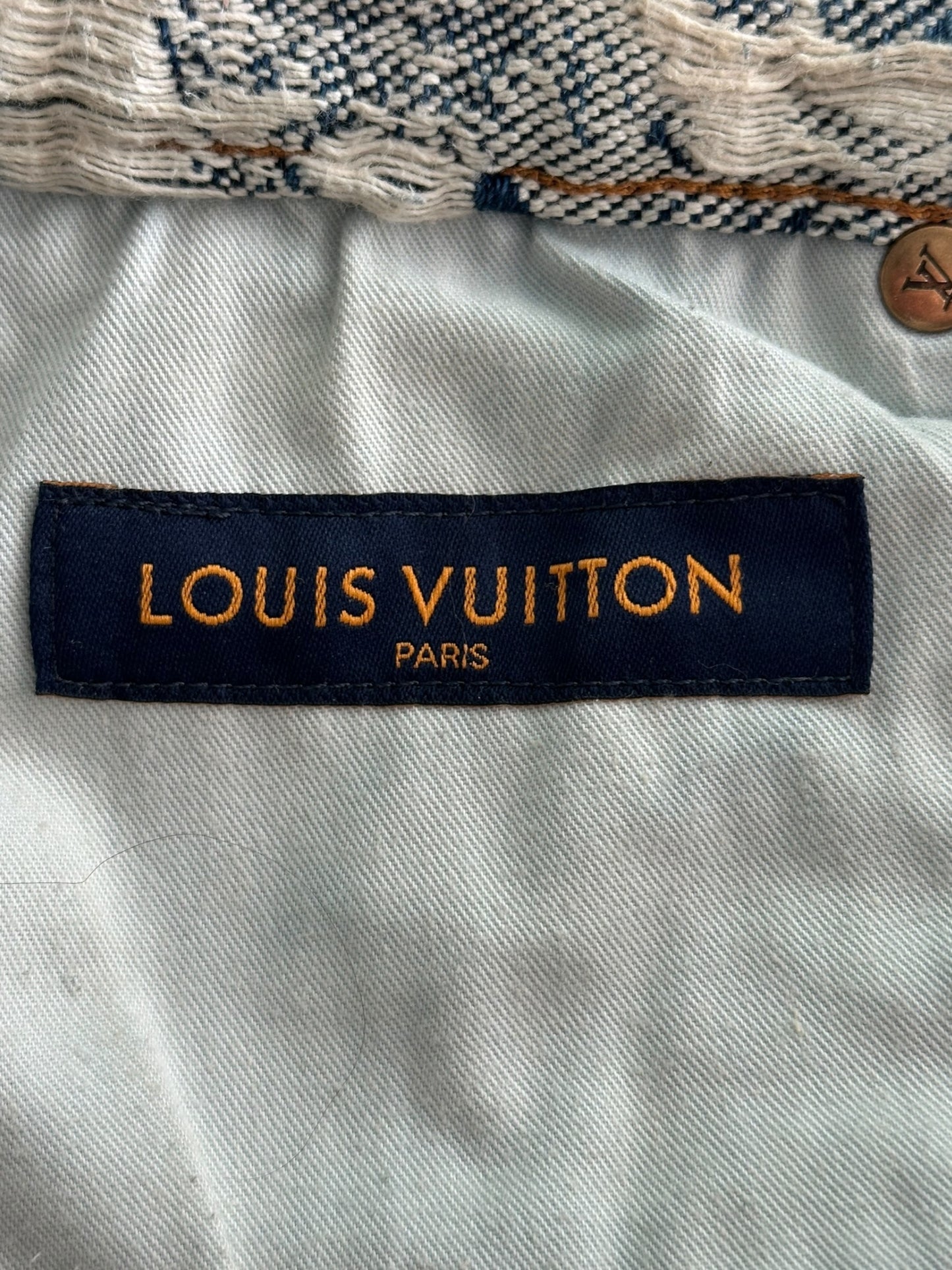 Louis Vuitton Blue & White Floral Distressed Carpenter Shorts