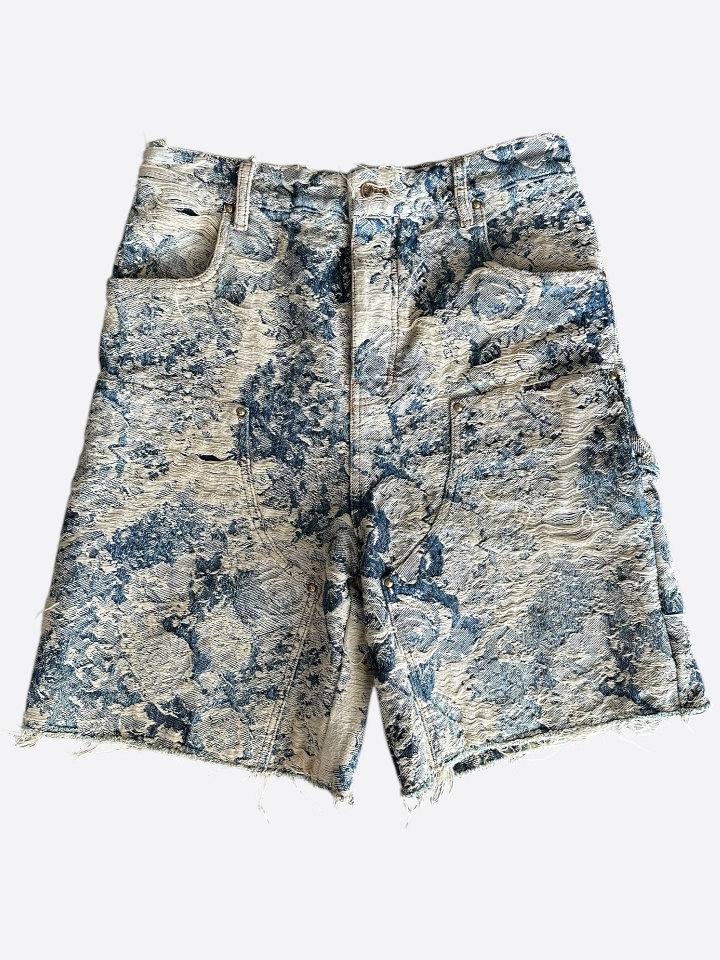 Louis Vuitton Blue & White Floral Distressed Carpenter Shorts