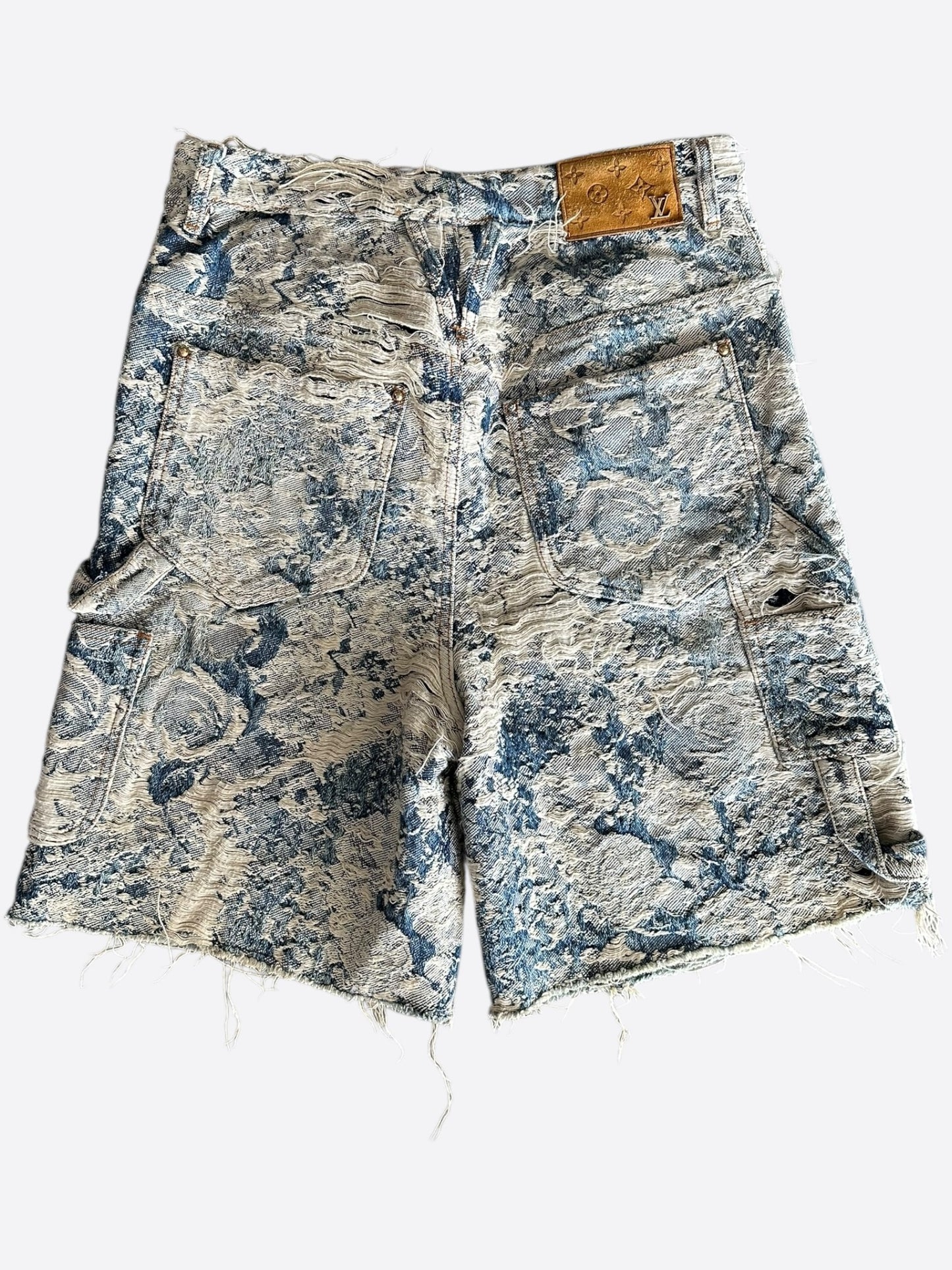 Louis Vuitton Blue & White Floral Distressed Carpenter Shorts