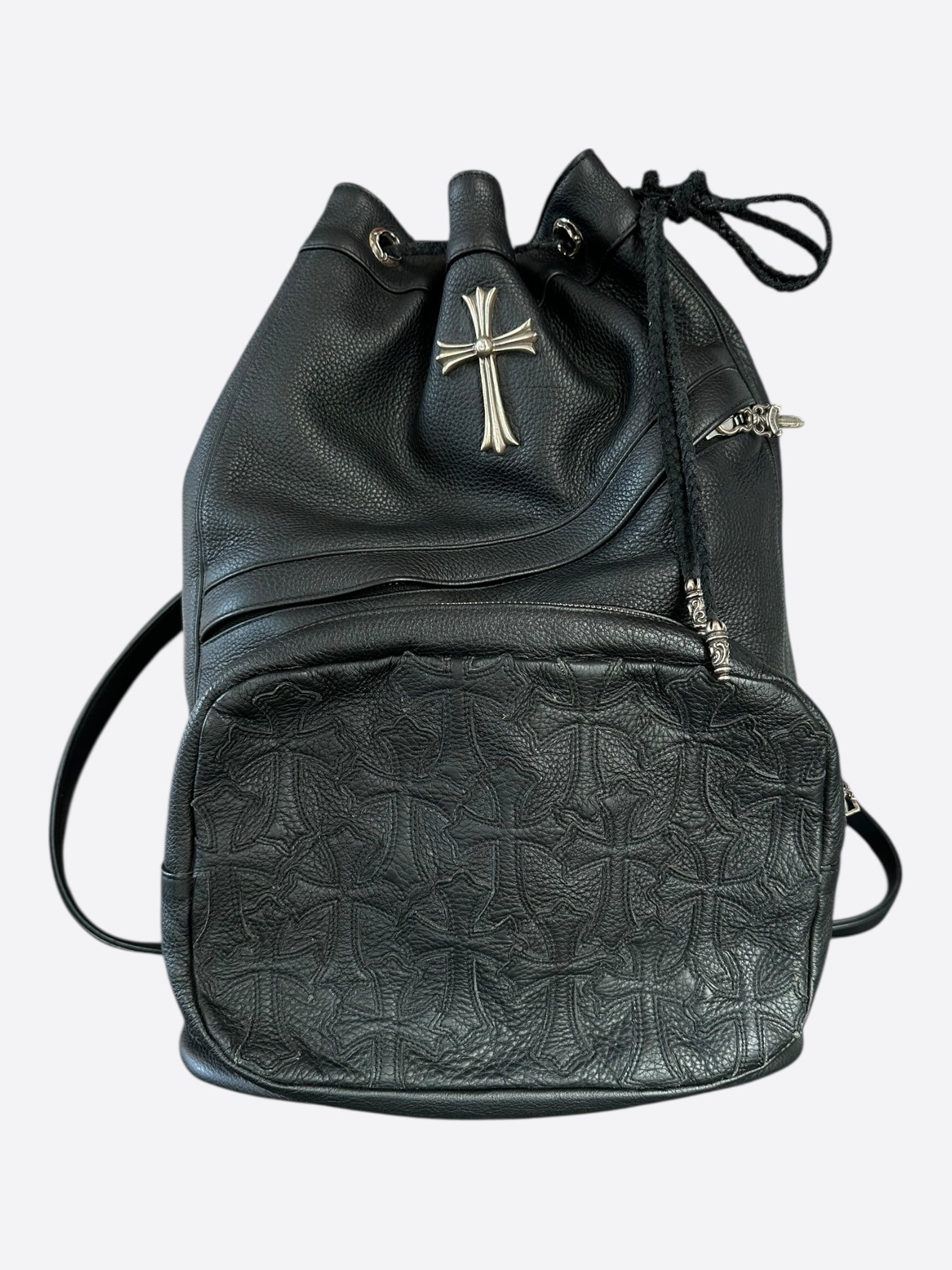 black drawstring backpack leather Chrome Hearts Black Cross Patch Leather Drawstring Backpack