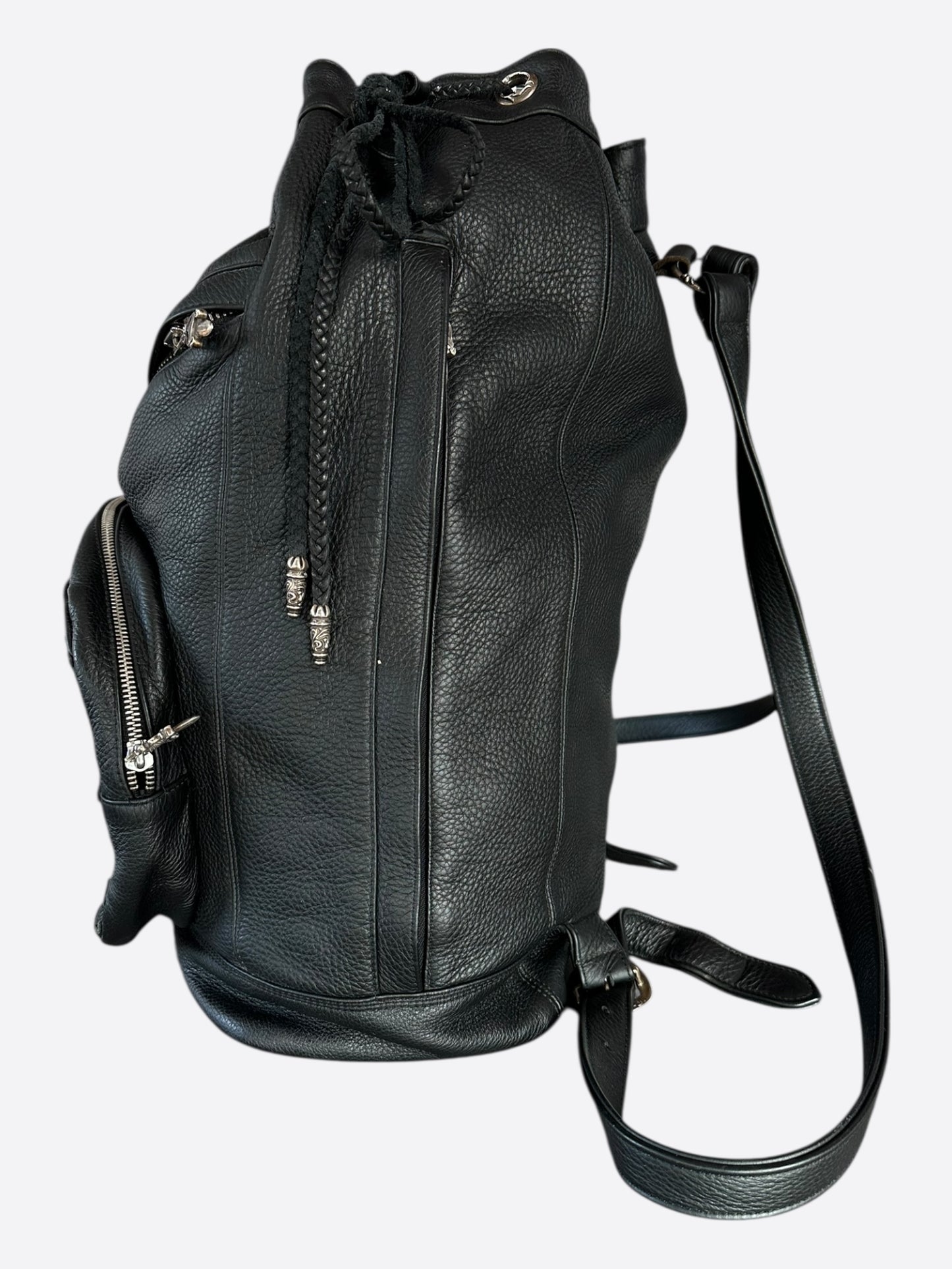 Chrome Hearts Black Cross Patch Leather Drawstring Backpack