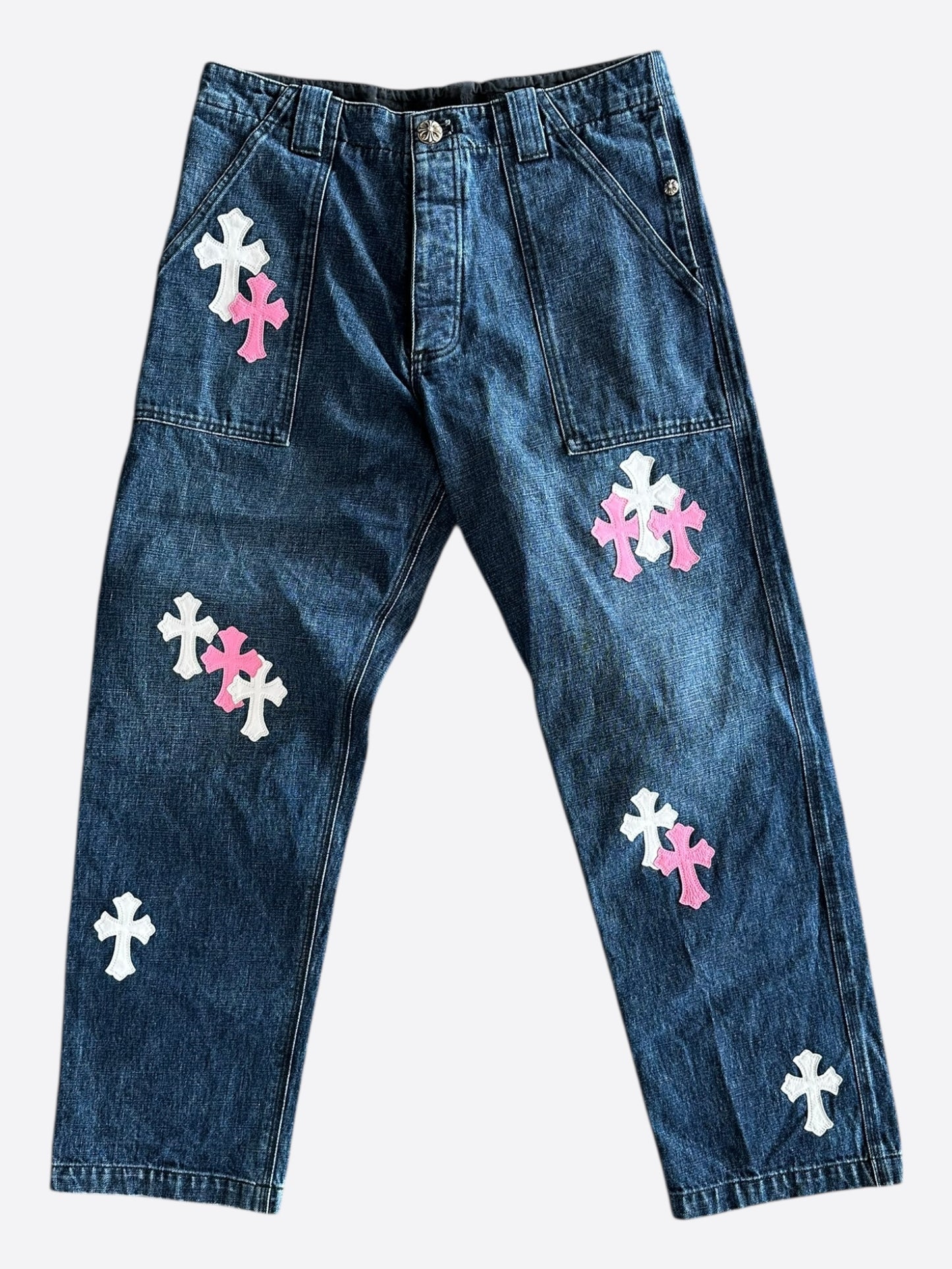 Chrome Hearts Blue & Multicolor Cross Patch Carpenter Jeans