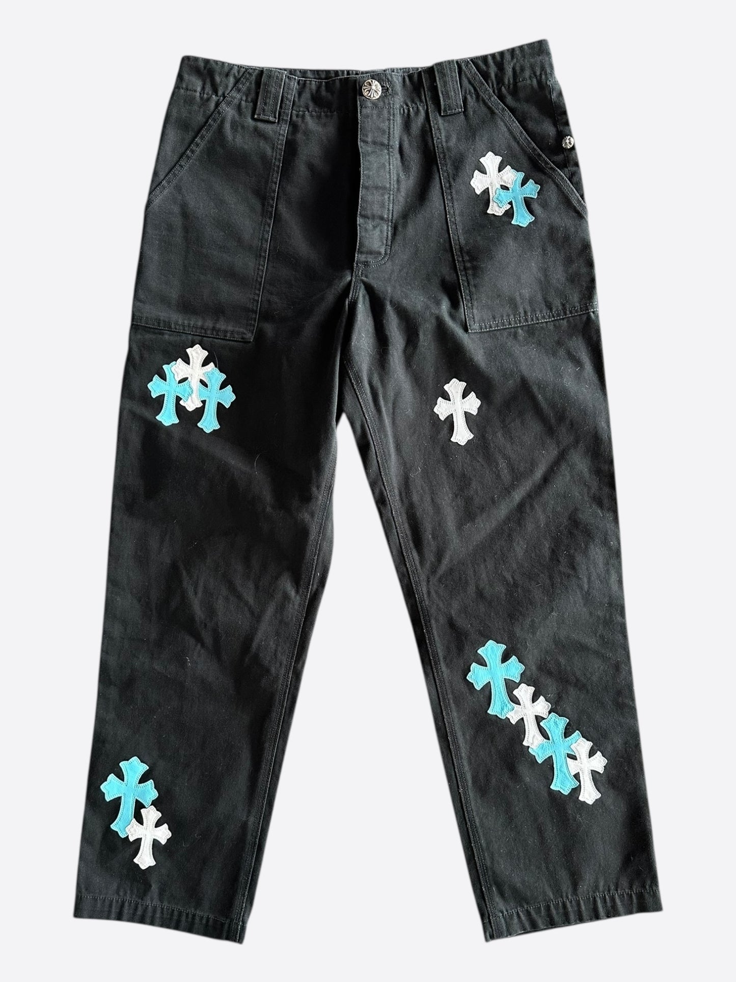 Chrome Hearts Black White & Blue Cross Patch Carpenter Jeans